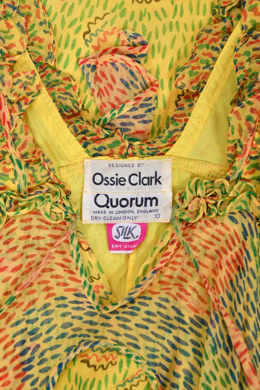 1971 Ossie Clark Yellow Celia Birtwell Print Silk Cut-Out Sleeves Bohemian Dress For Sale 15