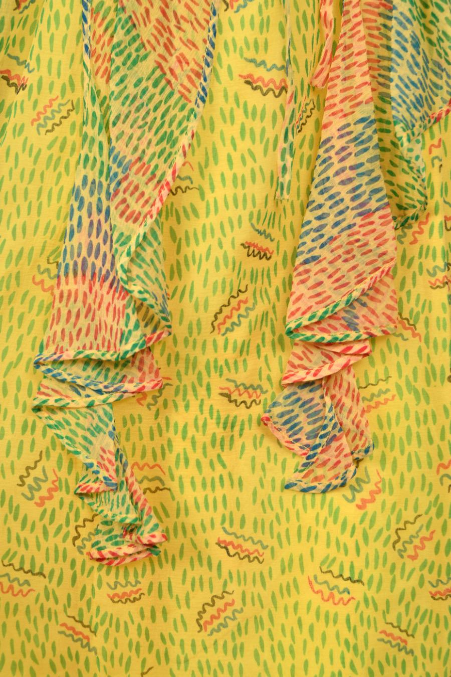 1971 Ossie Clark Yellow Celia Birtwell Print Silk Cut-Out Sleeves Bohemian Dress For Sale 1
