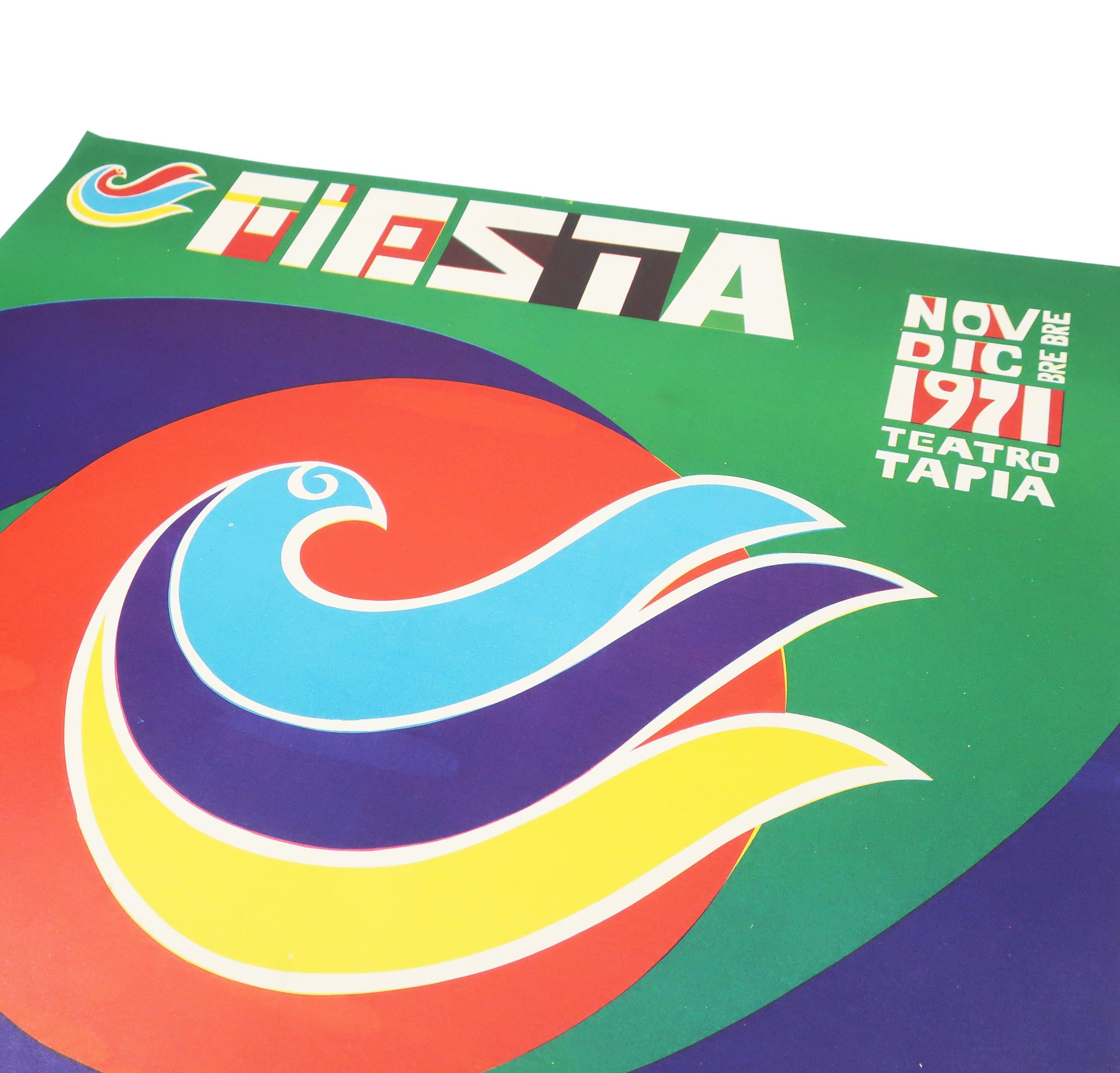 A serigraph for a 1971 festival of Puerto Rican music put on by the Instituto de Cultura Puertorriqueña, a government agency that encourage the study, preservation, promotion, enrichment, and diffusion of the cultural values of Puerto Rico. Centered