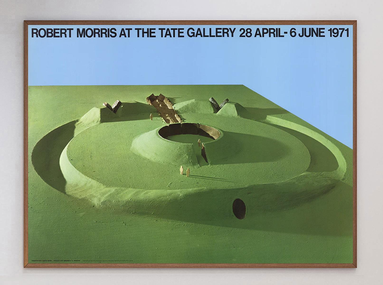 This wonderful poster promotes the exhibition of American Minimalist artist Robert Morris at the iconic Tate Gallery in London, held between April 26th to June 6th 1971. The poster design features the artists sculpture work 