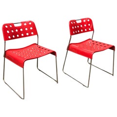 Retro 1971, Rodney Kinsman, for Bieffeplast, 2 Rare Red Omstak Stacking Chairs