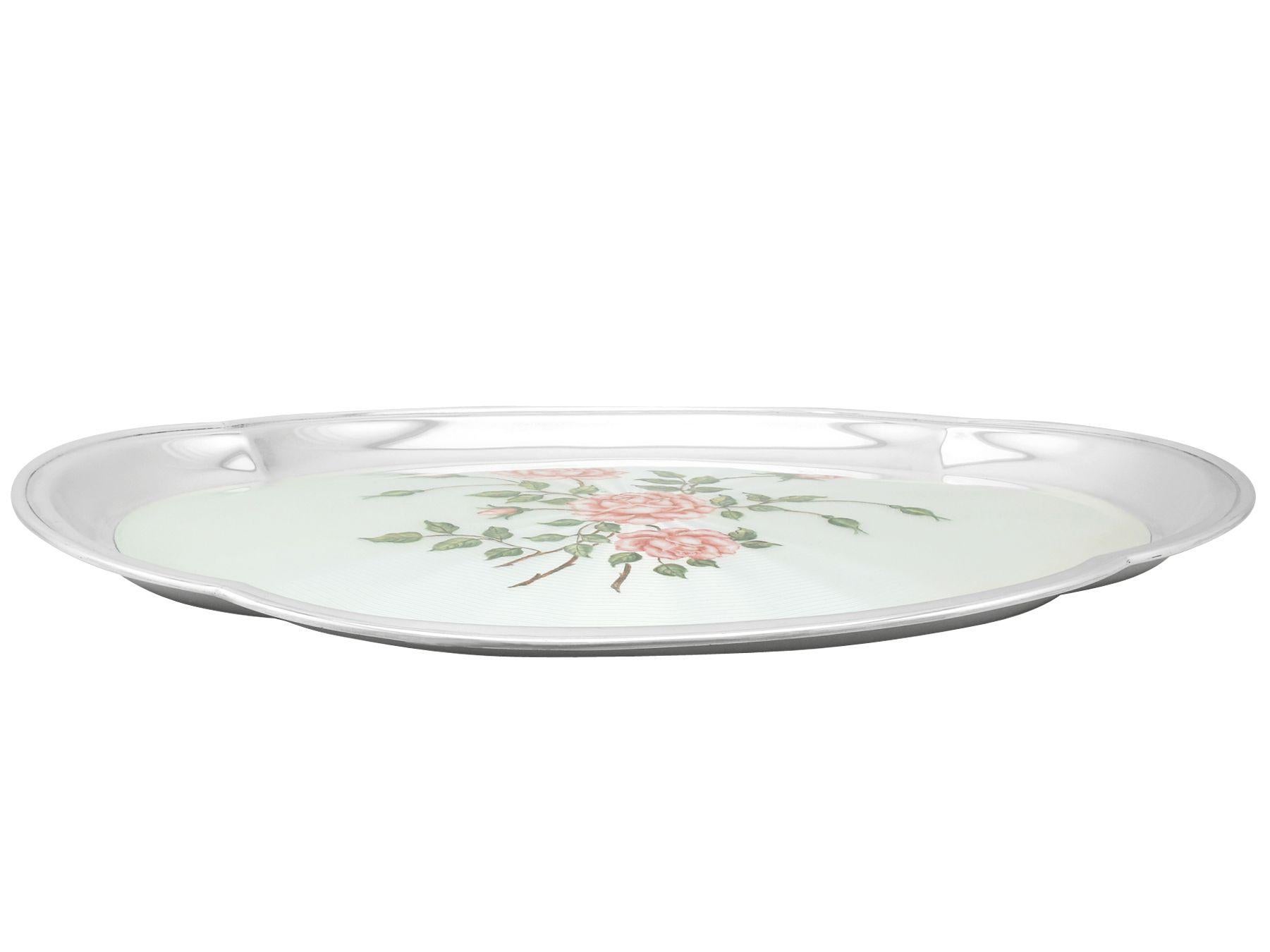 British Vintage 1971 Sterling Silver and Enamel Rose Dressing Table Tray For Sale