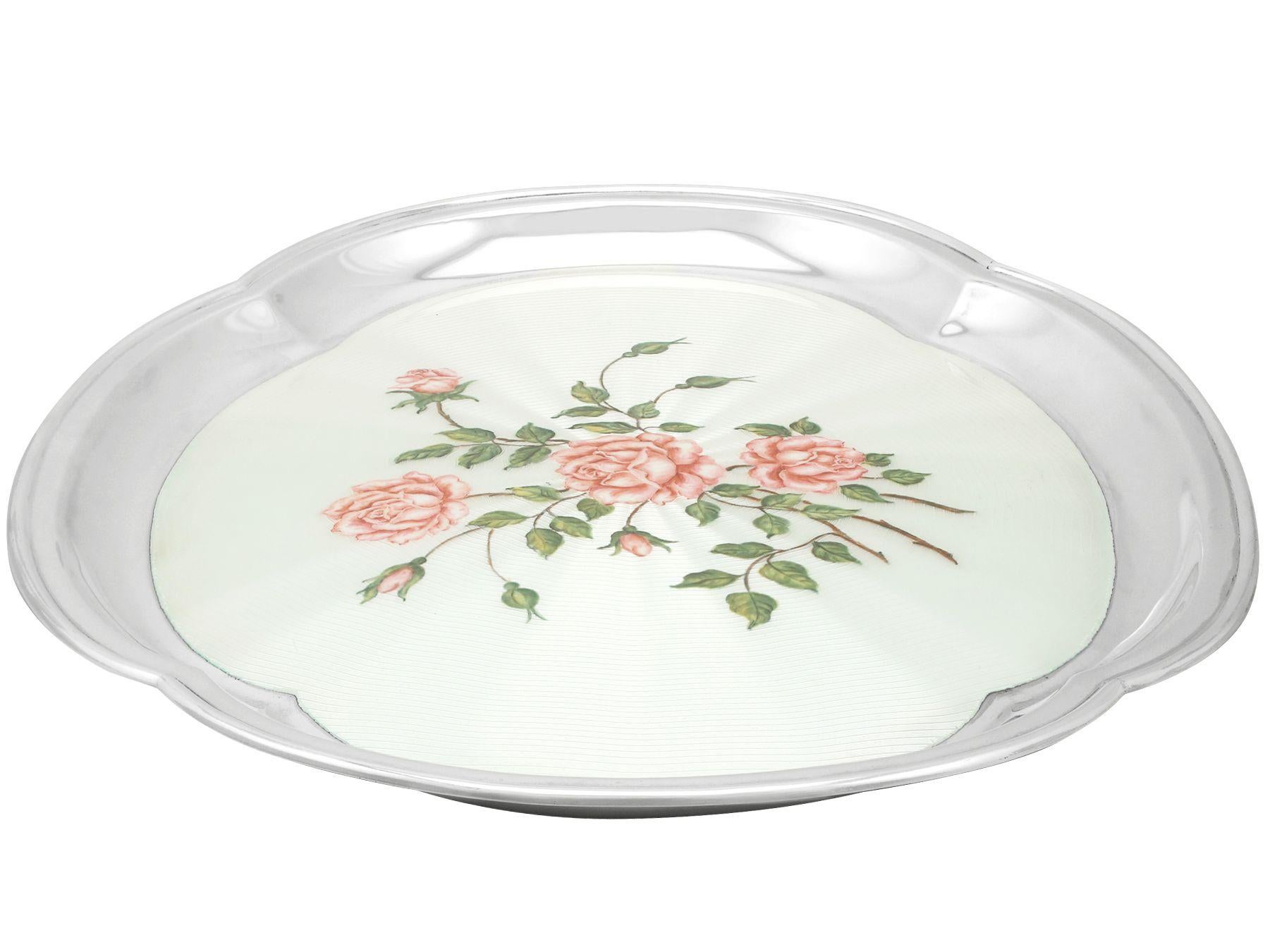 Vintage 1971 Sterling Silver and Enamel Rose Dressing Table Tray In Excellent Condition For Sale In Jesmond, Newcastle Upon Tyne