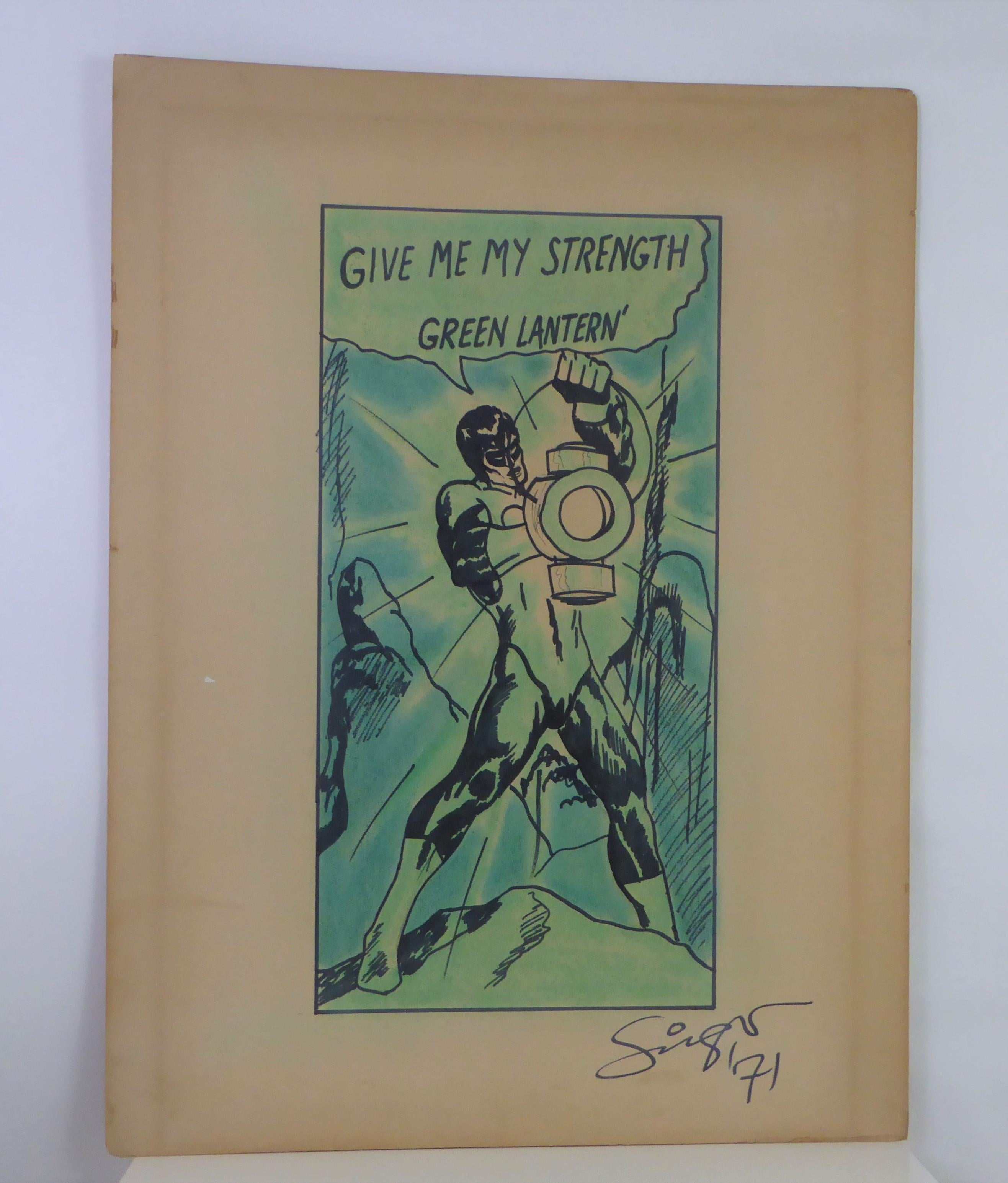 REDUCED FROM $750....Large watercolor and ink painting on illustration board of the green lantern, artist-signed, 1971.
Measurements: 40 inches high by 30 inches wide.
Watercolor and ink on thick illustration board. Artist-signed, 1971.
Recently the