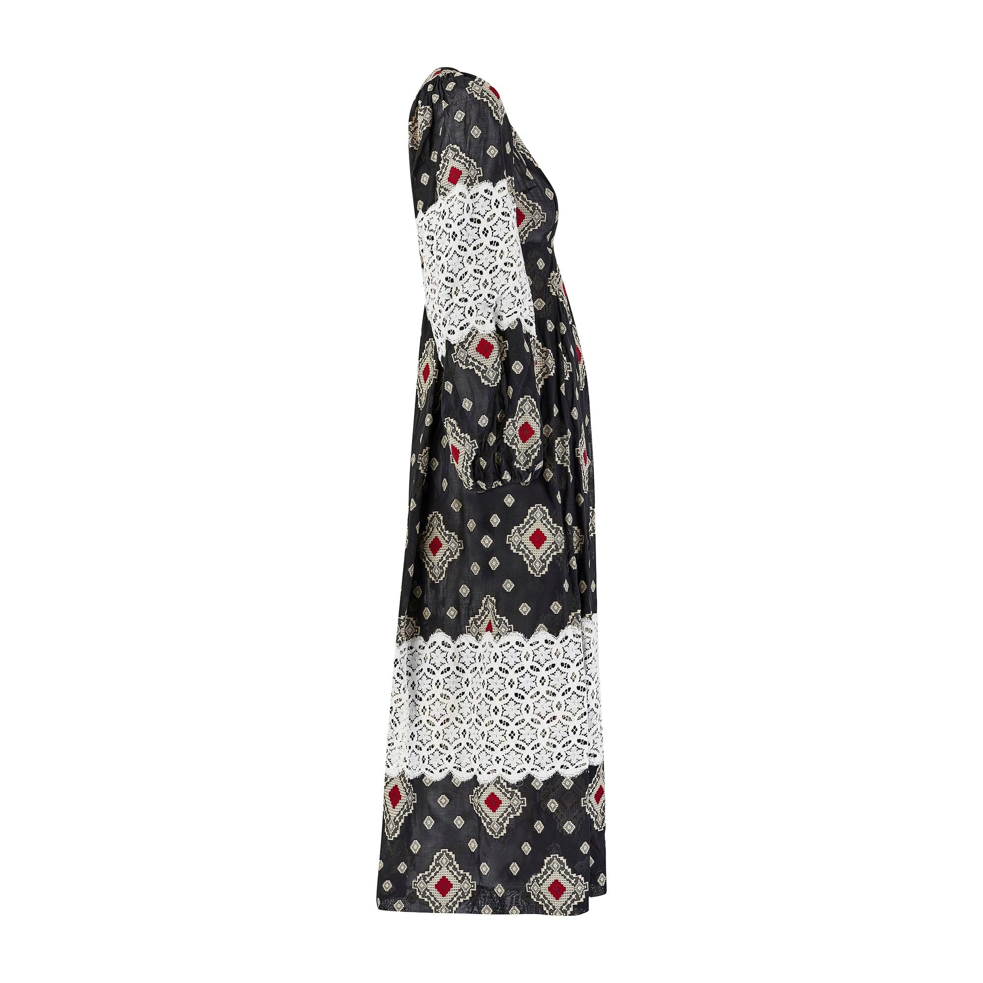 This maxi-dress is a classic Thea Porter piece from her ready to wear line. During the 1960s and 1970s, Porter travelled the world and introduced her lavish take on bohemia to the London celebrity set. Taking its lead from kaftan designs, this