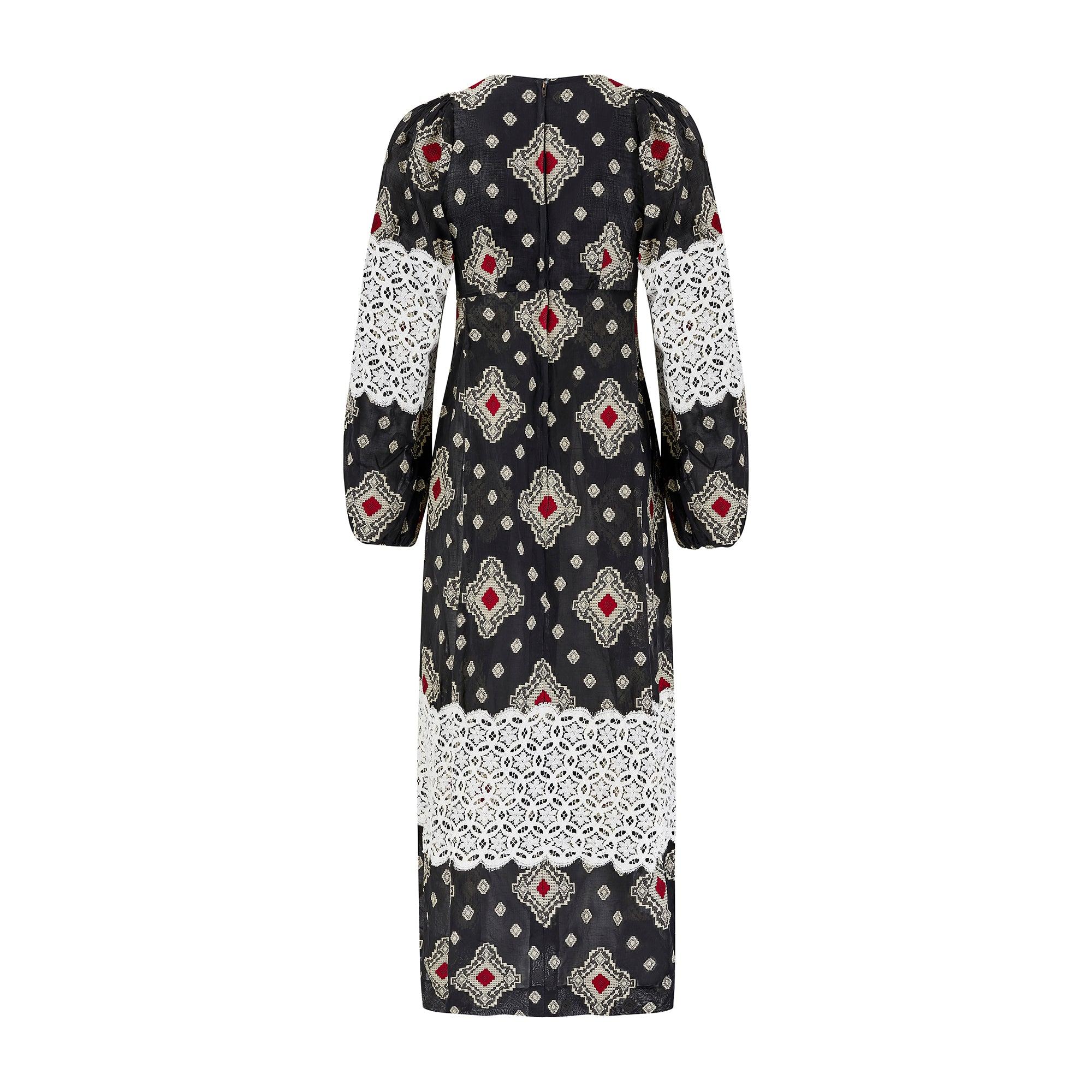 Black 1971 Thea Porter Cotton Woven Print Maxi Dress with Lace Overlay For Sale