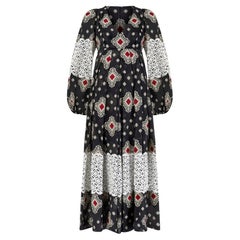 1971 Thea Porter Maxi Vestido Tejido con Estampado de Algodón y Superposición de Encaje