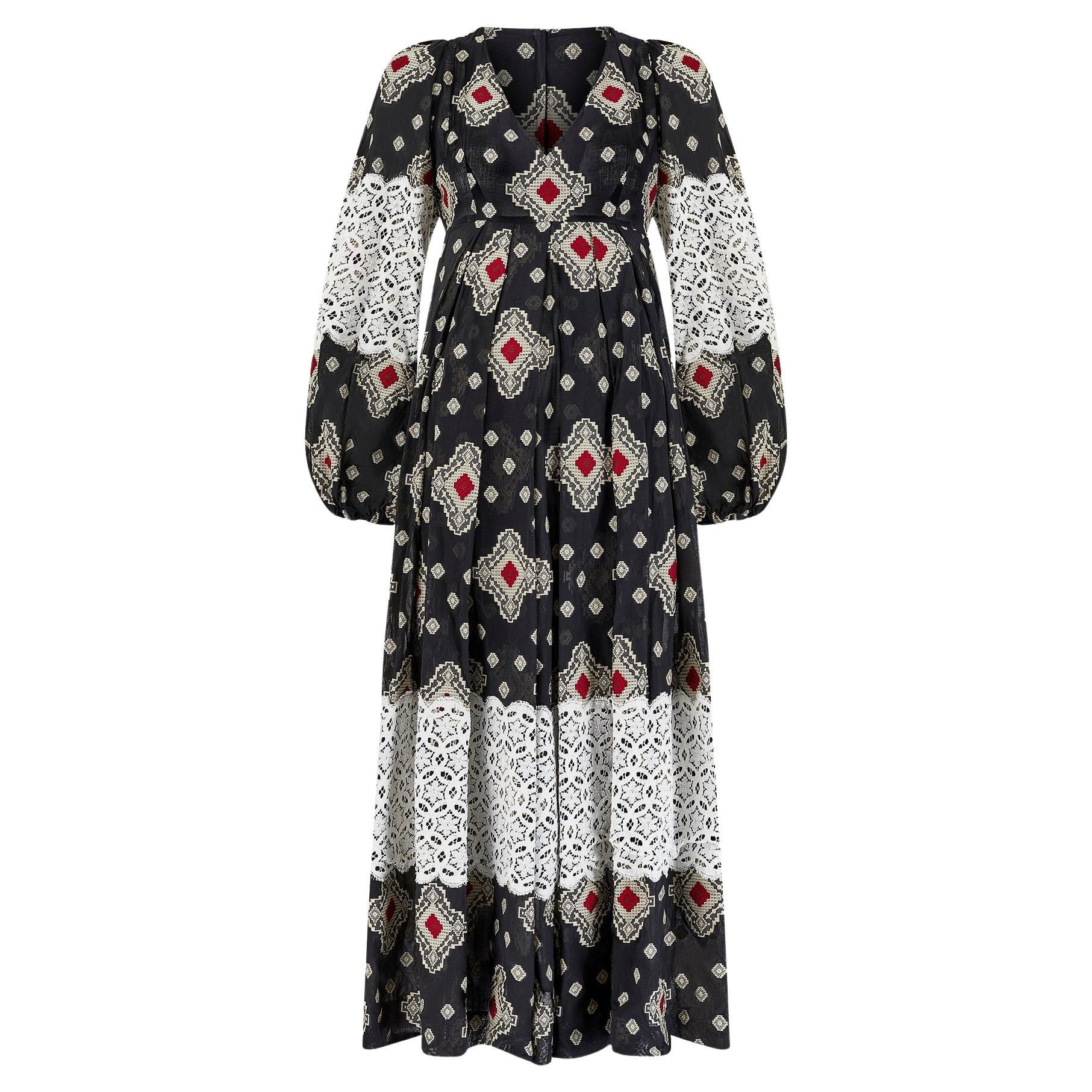 1971 Thea Porter Cotton Woven Print Maxi Dress with Lace Overlay