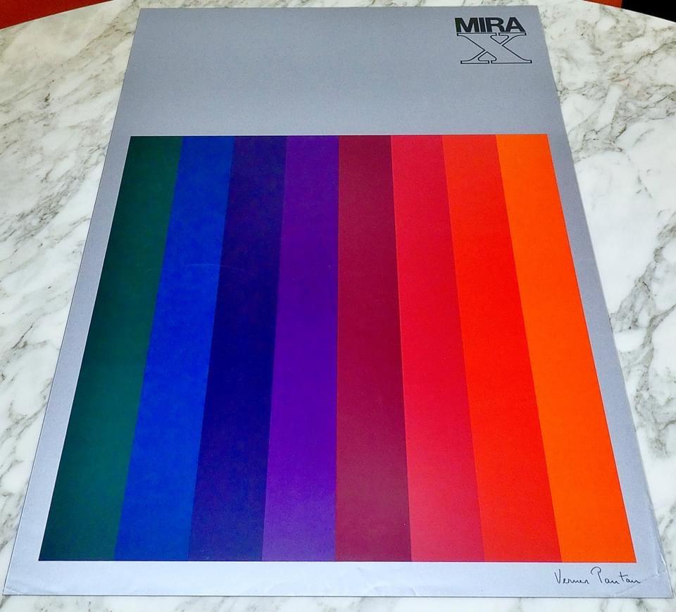 Very rare poster advert for textile Mira-X designed by Verner Panton
60 x 90 cm - silver paper 
With frame (Purple)
Complete serie of 5 units.
     