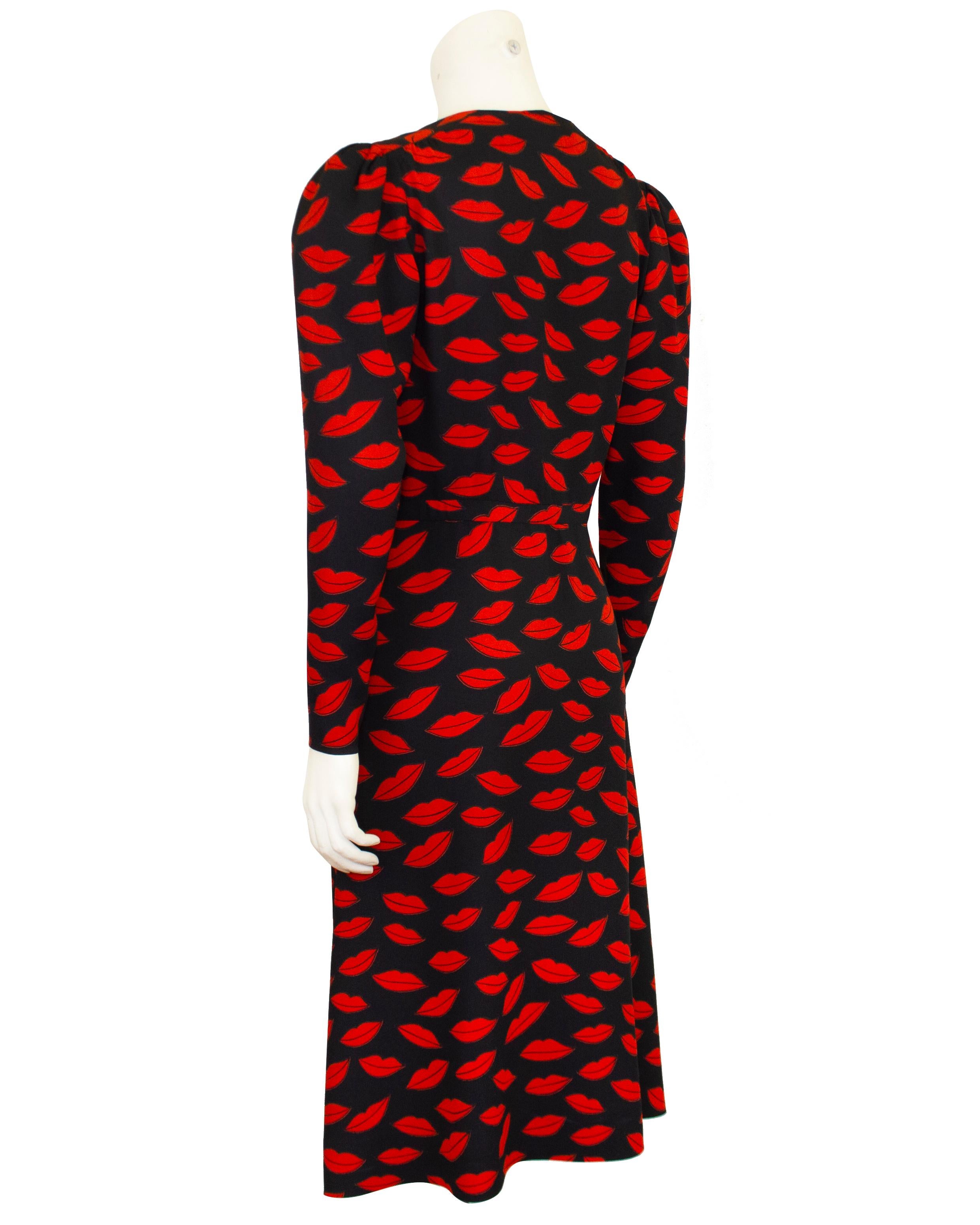 1971 Yves Saint Laurent Black and Red Lip Dress with Original Flower In Good Condition For Sale In Toronto, Ontario
