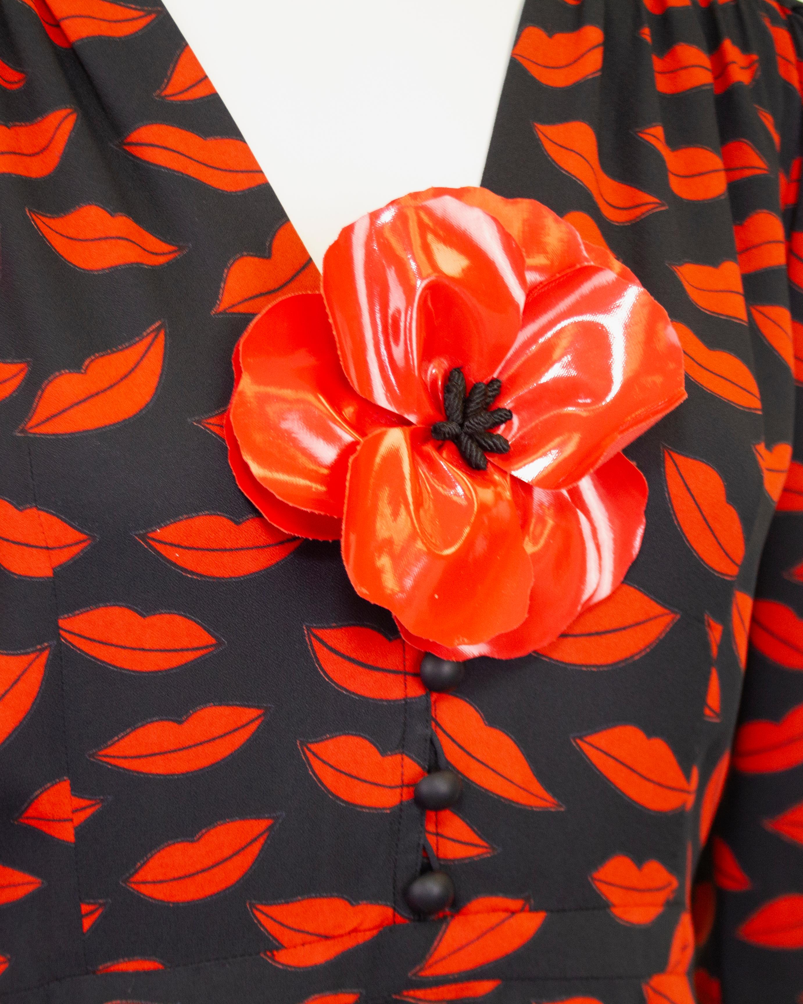 Women's 1971 Yves Saint Laurent Black and Red Lip Dress with Original Flower For Sale