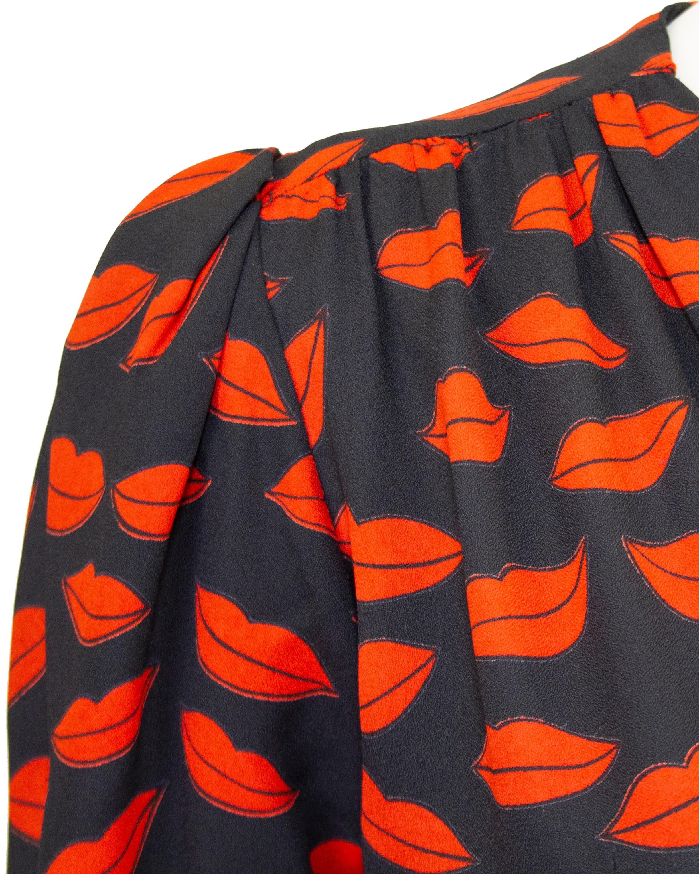 1971 Yves Saint Laurent Black and Red Lip Dress with Original Flower For Sale 1