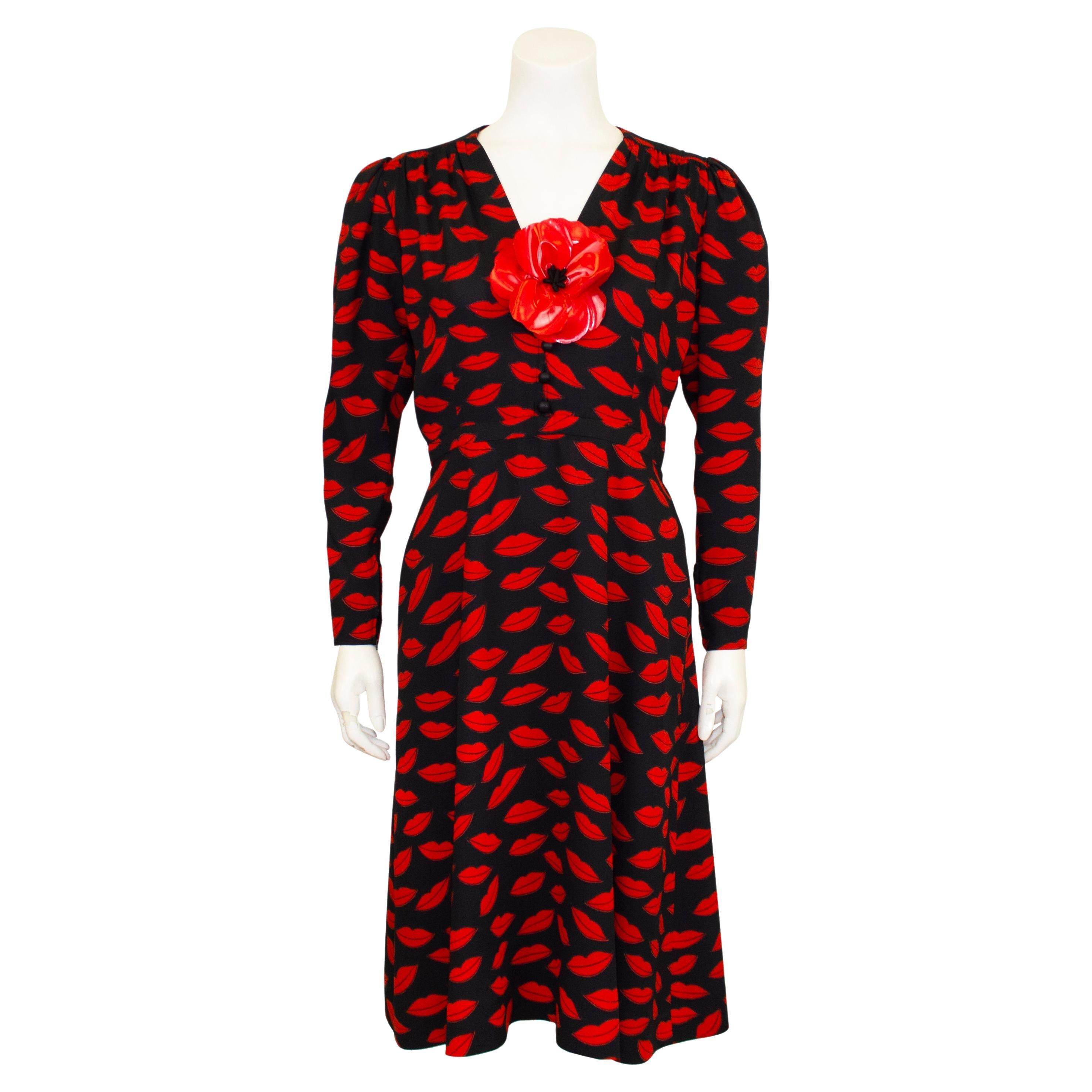 1971 Yves Saint Laurent Black and Red Lip Dress with Original Flower For Sale