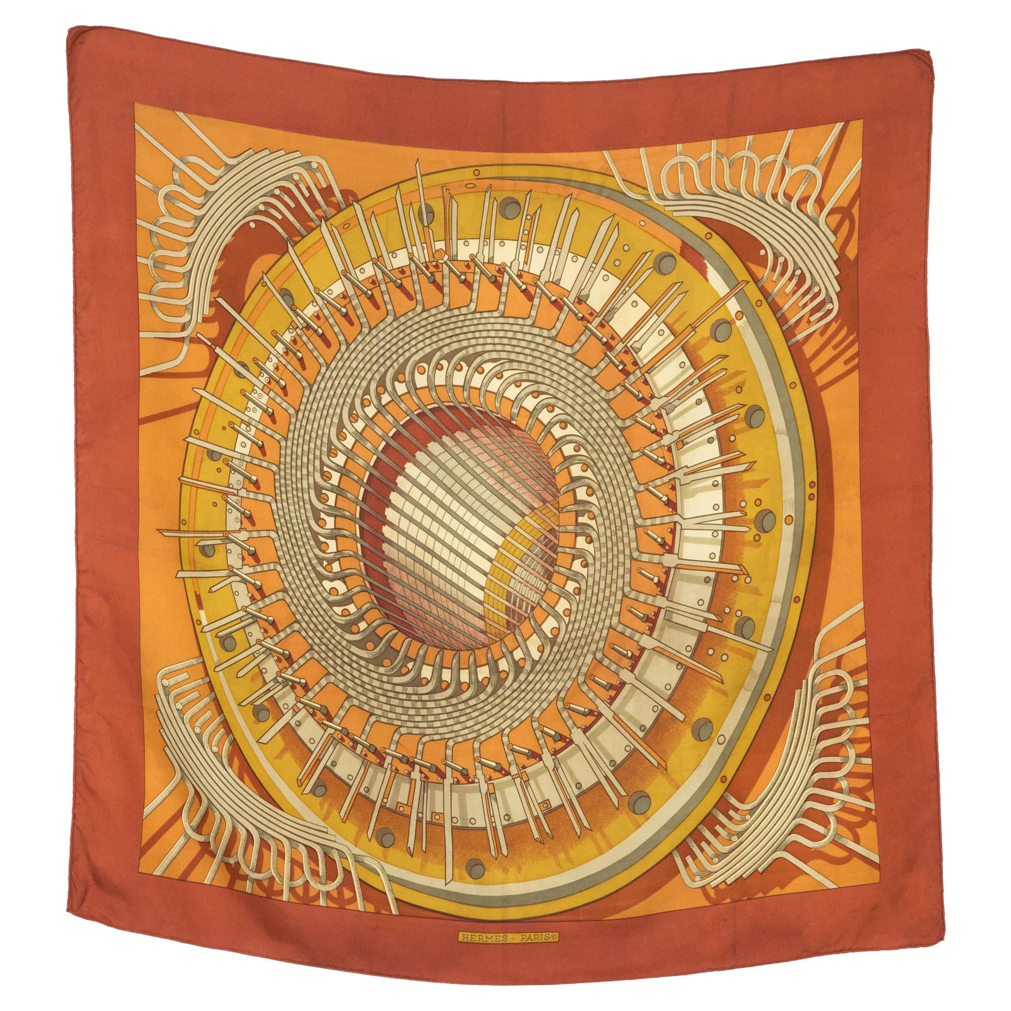 Foulard en soie Hermès Ochre Alternateur by P Peron 1971s