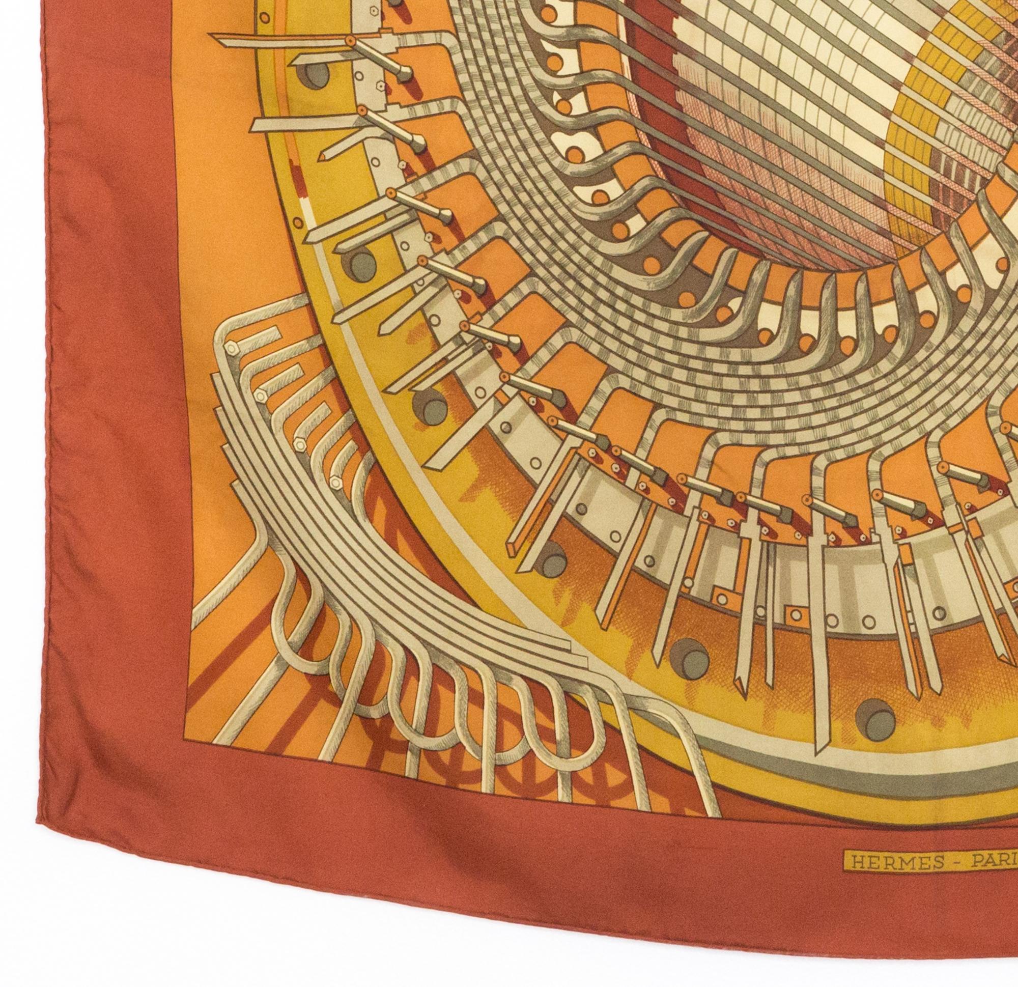 Brown 1971s Hermes Ochre Alternateur by P Peron Silk Scarf For Sale