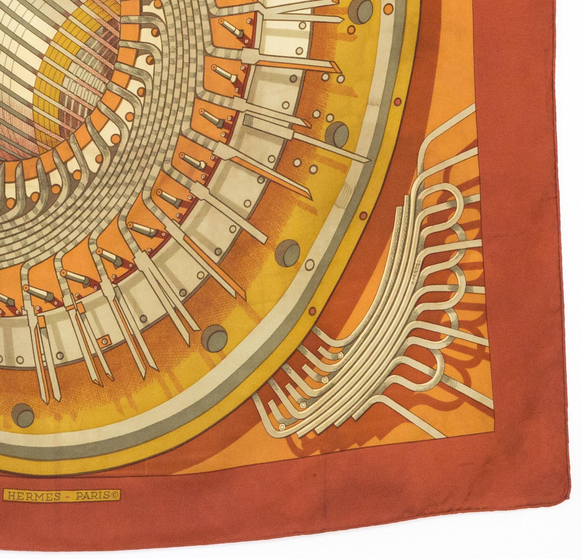 1971s Hermes Ochre Alternateur by P Peron Silk Scarf In Good Condition For Sale In Paris, FR