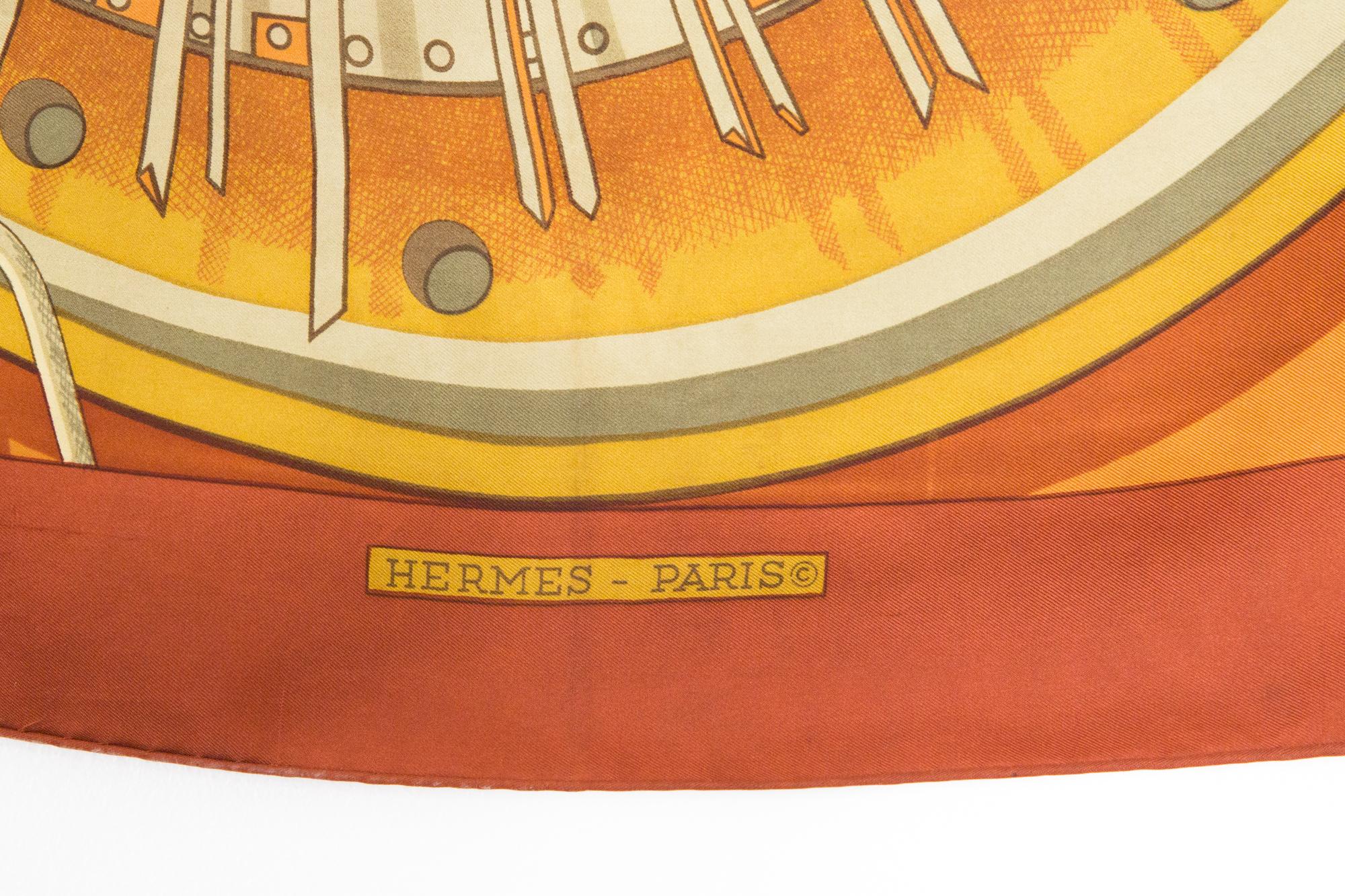 Women's or Men's 1971s Hermes Ochre Alternateur by P Peron Silk Scarf For Sale