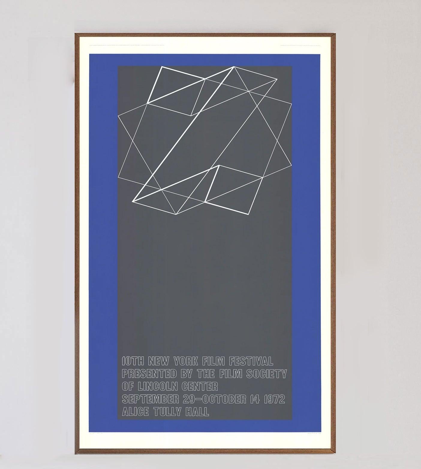 Beautiful poster for the 10th New York Film Festival, held between September 29th to October 14th 1972 at the Alice Tully Hall at Lincoln Center.

This extremely rare piece was produced in 1972 as a limited edition of 144 hand signed editions and is