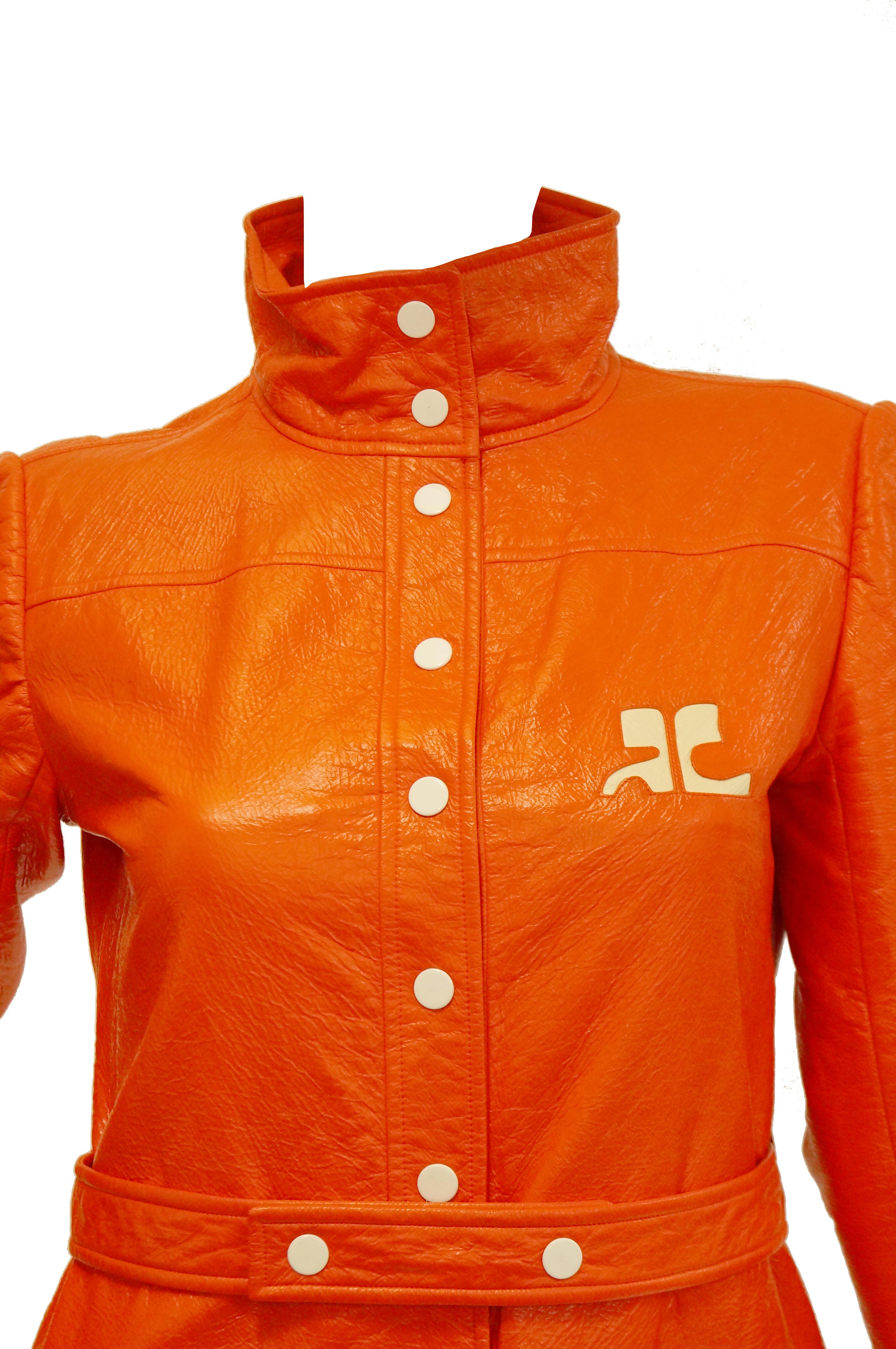 Women's or Men's  1972 André Courrèges  Safety Orange Vinyl Mod Coat For Sale