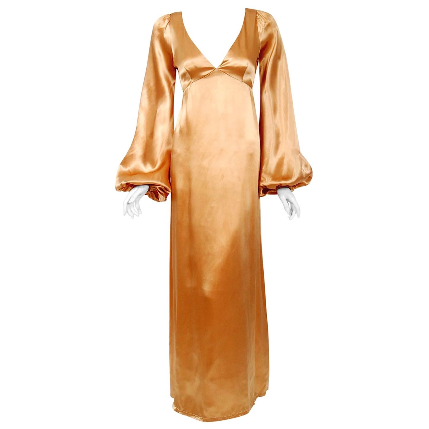 1972 Biba Copper Satin Low-Cut Plunge Billow Sleeve Back Belted Maxi Dress 