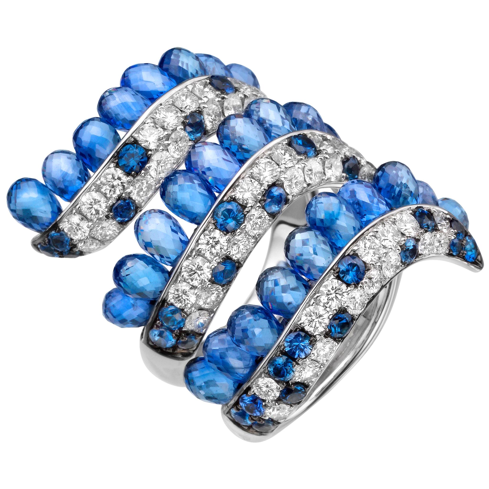 19.72 Carat Blue Sapphire Briolette Diamond 18 Karat White Gold Diamond Ring