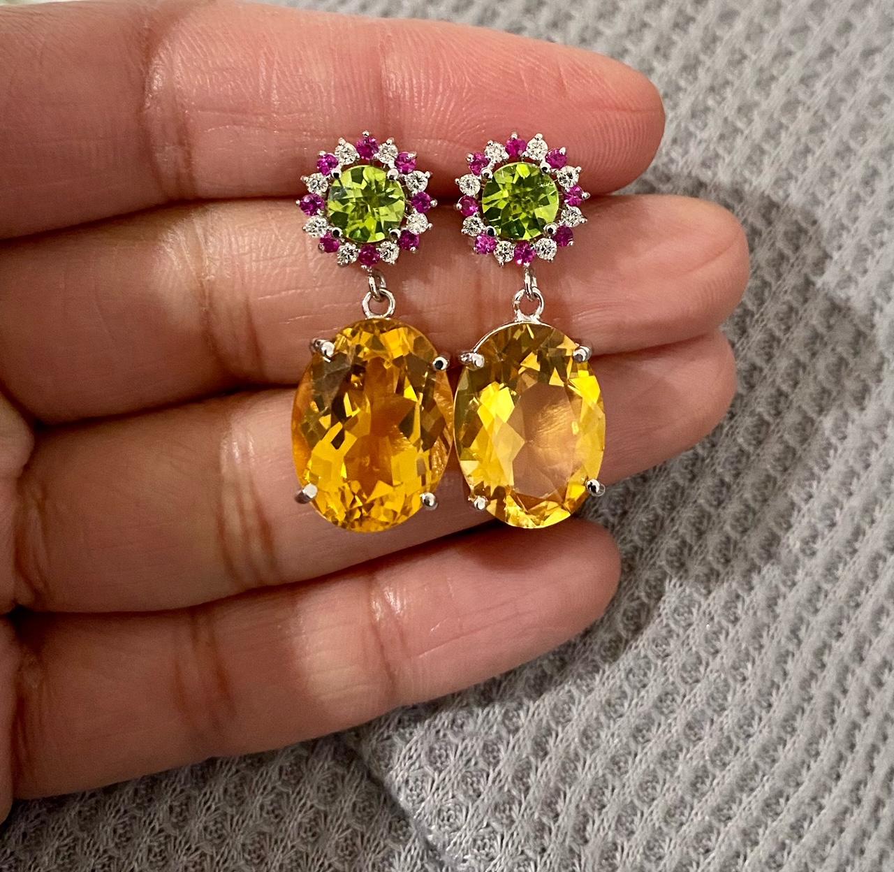 19.72 Carat Citrine Pink Sapphire Diamond Drop Earrings 14K White Gold In New Condition In Los Angeles, CA