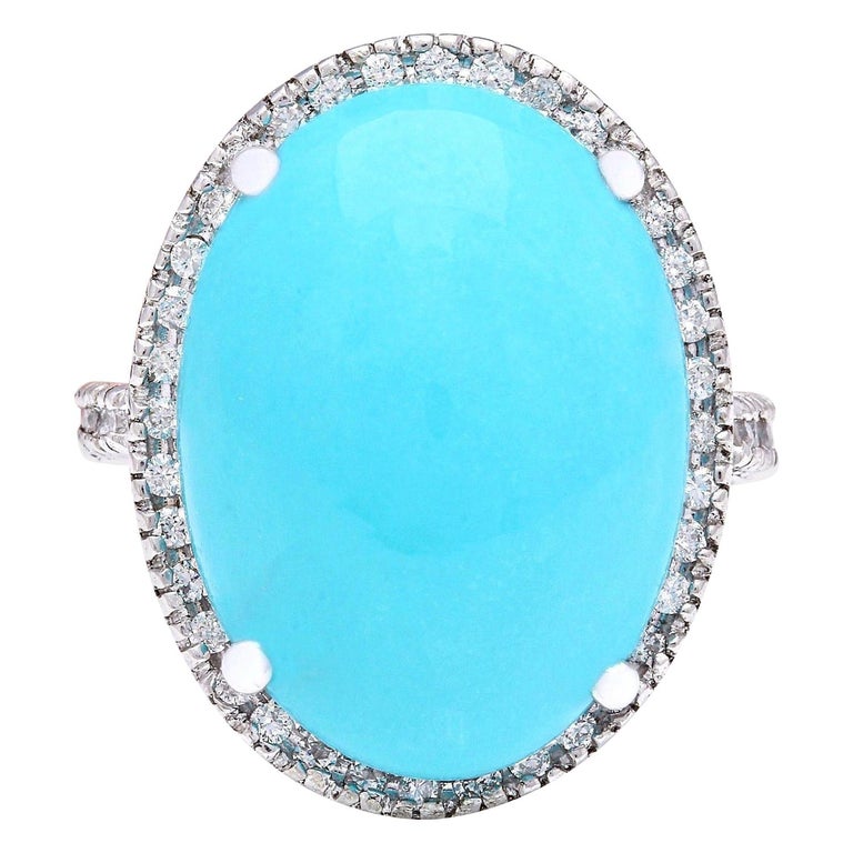 19.72 Carat Natural Turquoise 18 Karat Solid White Gold Diamond Ring at ...