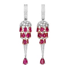 19.72 Carat Pear-Cut Ruby Diamond Drop 18K Yellow White Gold Chandelier Earrings