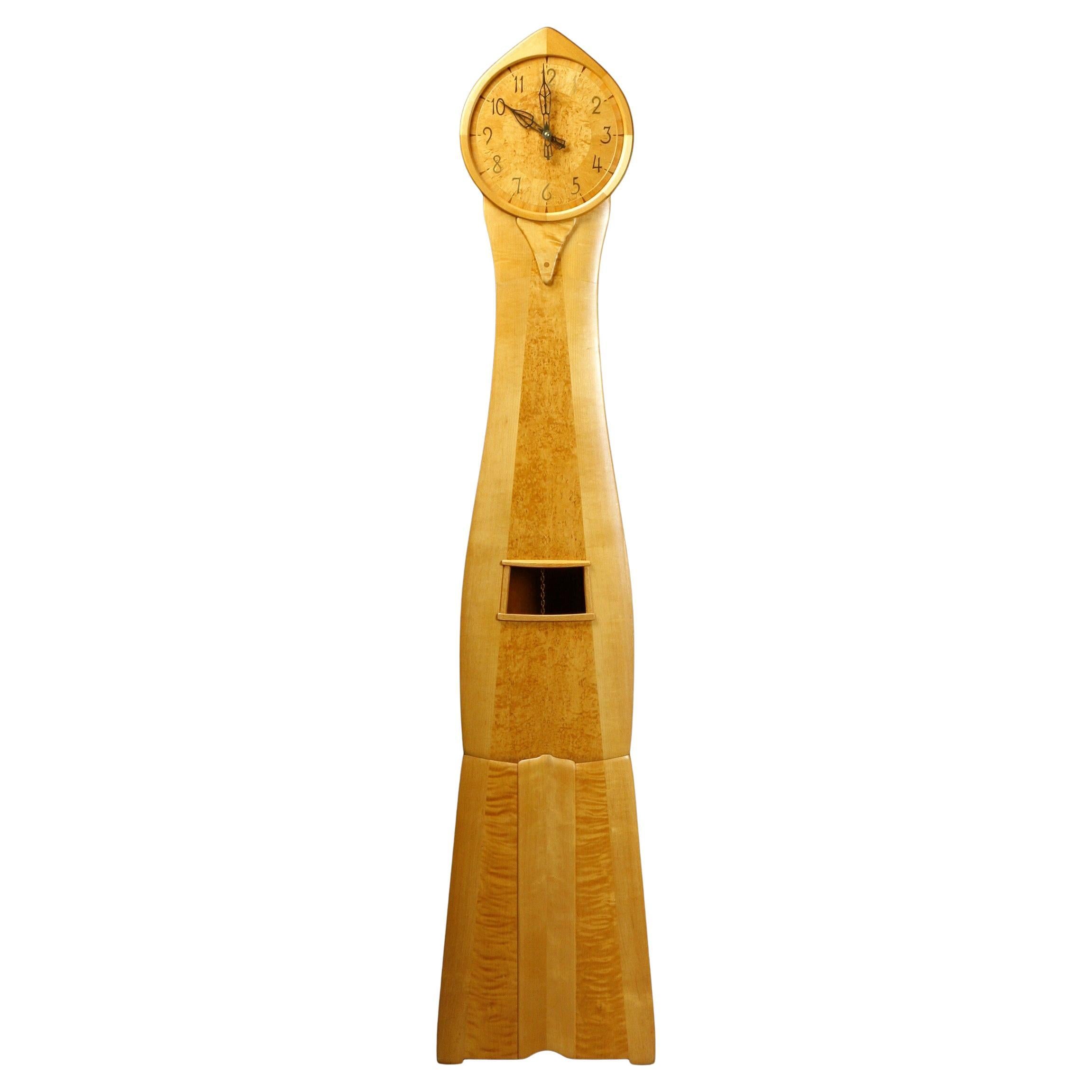 1972 Carl Malmsten Unique Longcase “Tidlösa” Clock, Birch and Masur Birch For Sale