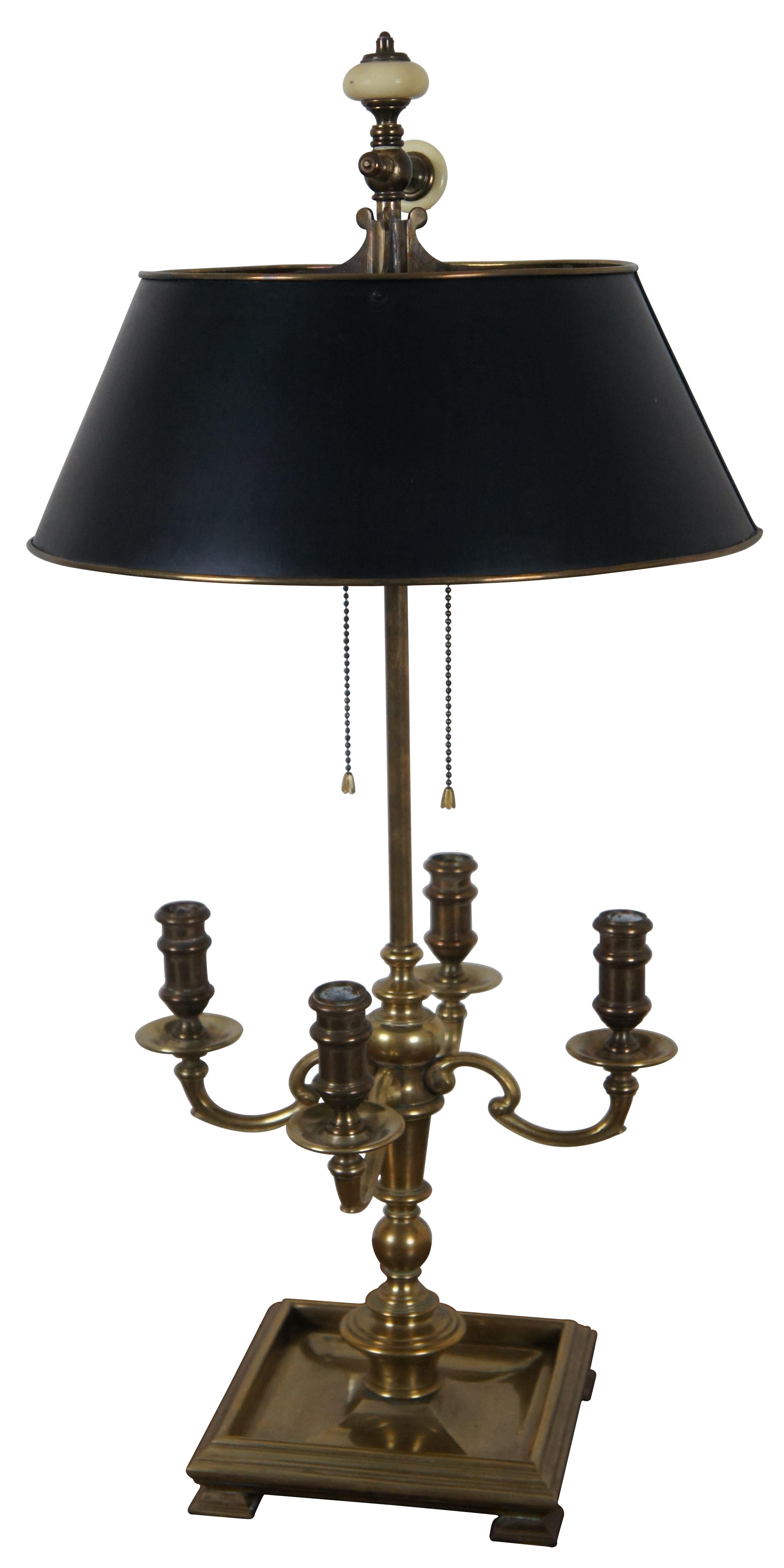 Vintage 1972 Chapman French bouillotte style table lamp with square base, four candlesticks, two lights and black tole metal shade.

12” x 12” x 30.5” / Shade - 14.75” x 6” (Width x Depth x Height/Diameter x Height)