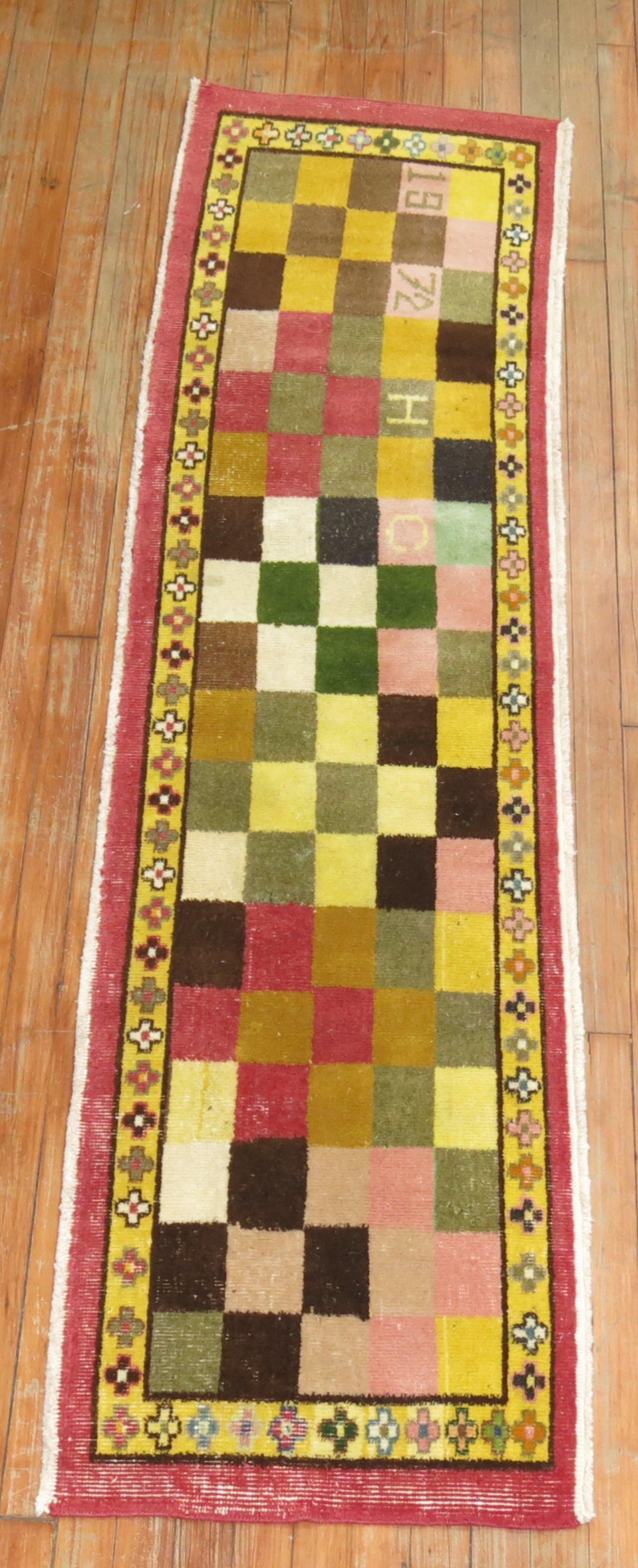 Mid-Century Modern 1972 Checkerboard Vintage Turkish Runner For Sale