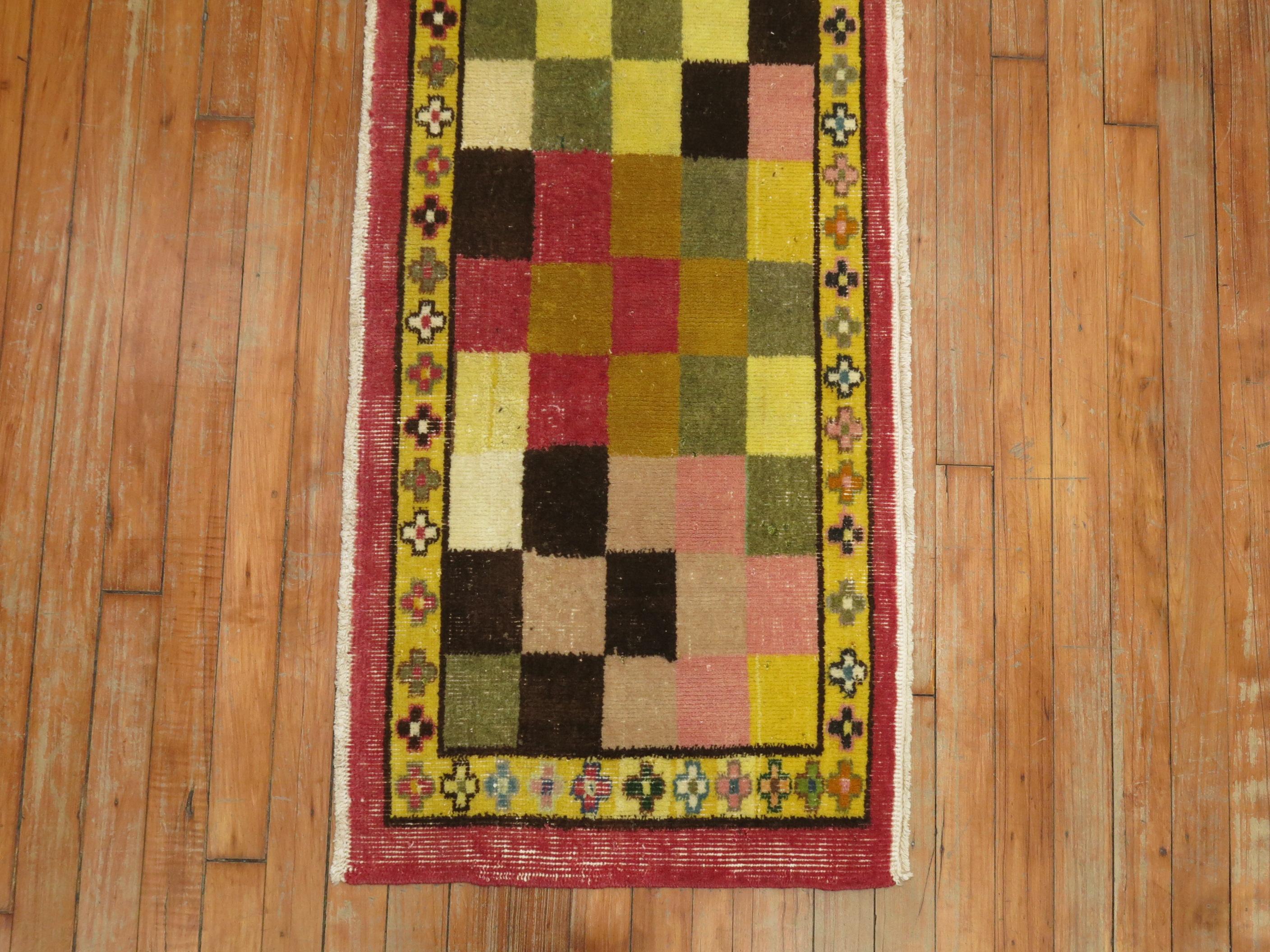 Hand-Knotted 1972 Checkerboard Vintage Turkish Runner For Sale