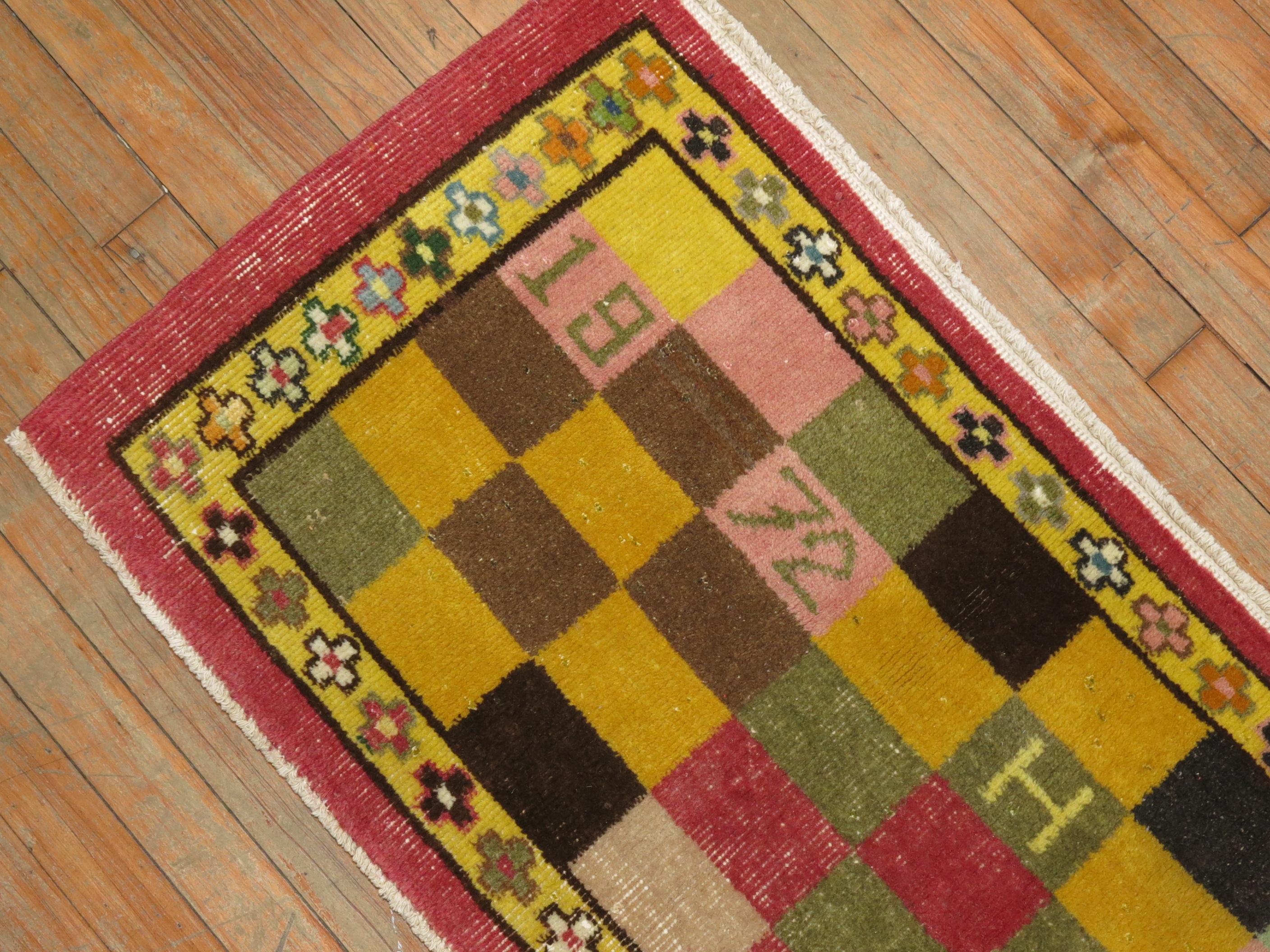 20th Century 1972 Checkerboard Vintage Turkish Runner For Sale