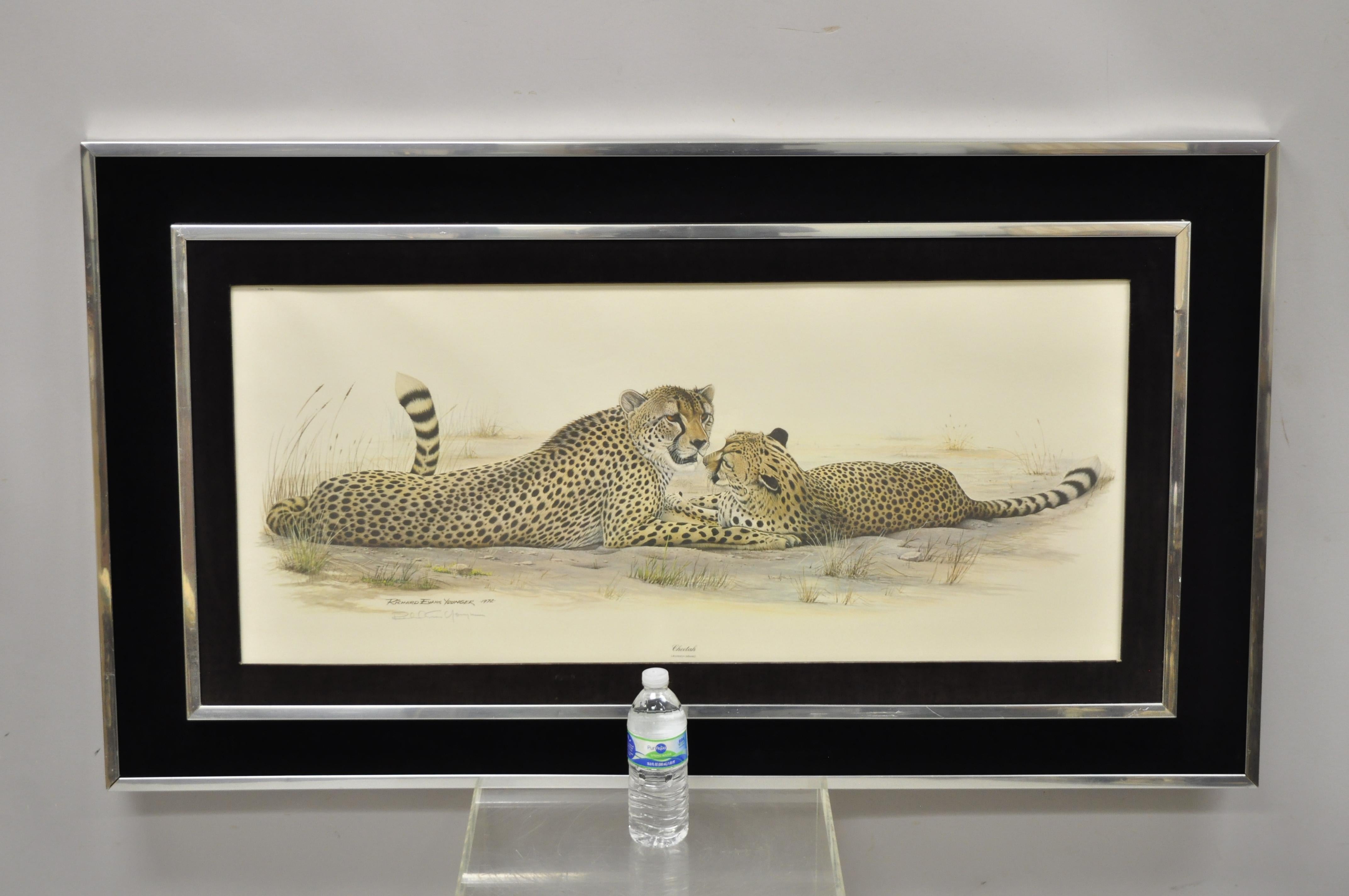 Metal 1972 Cheetah Lithograph Art by Richard Evans Younger in Velvet Chrome Frame For Sale