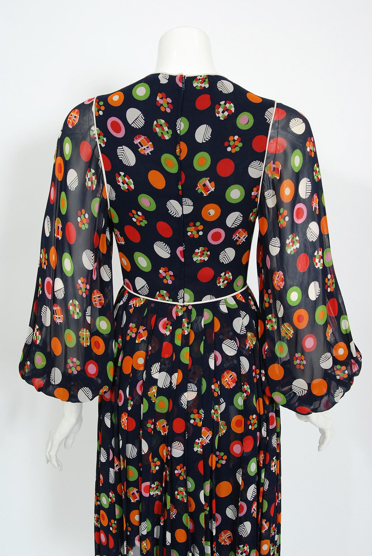 Vintage 1970s Christian Dior Couture Deco Print Silk Billow Sleeve Pleated Dress 4