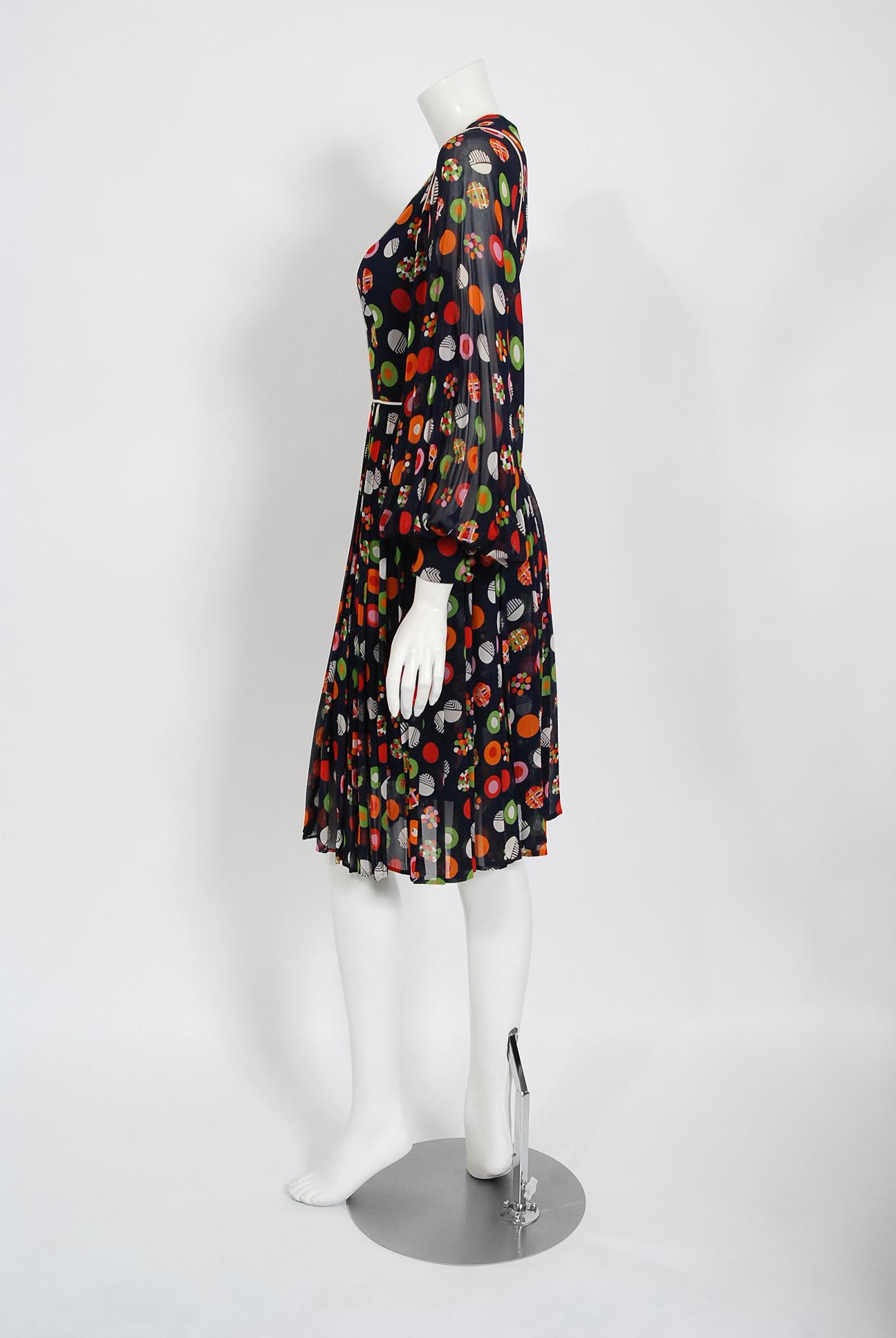 Vintage 1970s Christian Dior Couture Deco Print Silk Billow Sleeve Pleated Dress 1