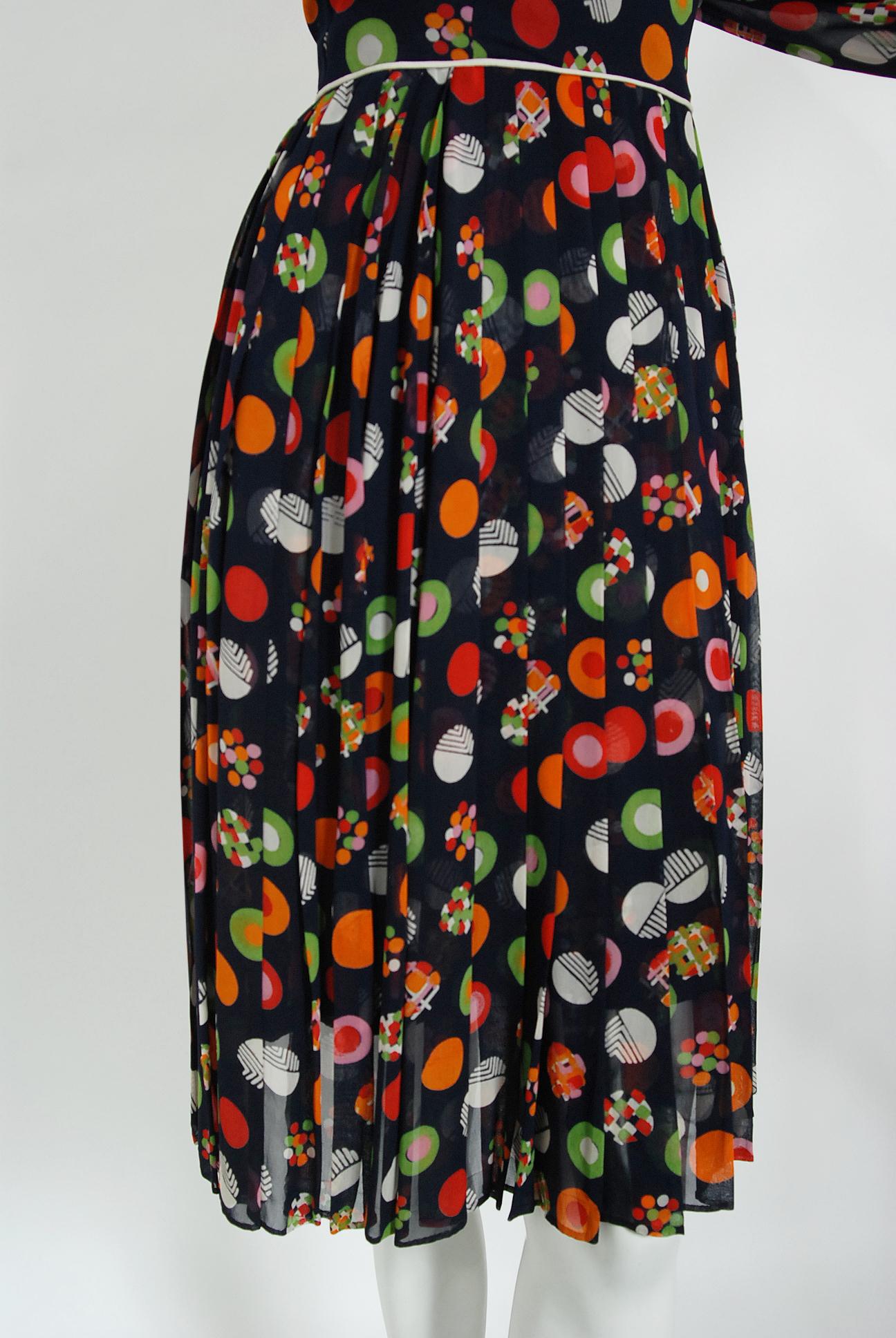 Vintage 1970s Christian Dior Couture Deco Print Silk Billow Sleeve Pleated Dress 2