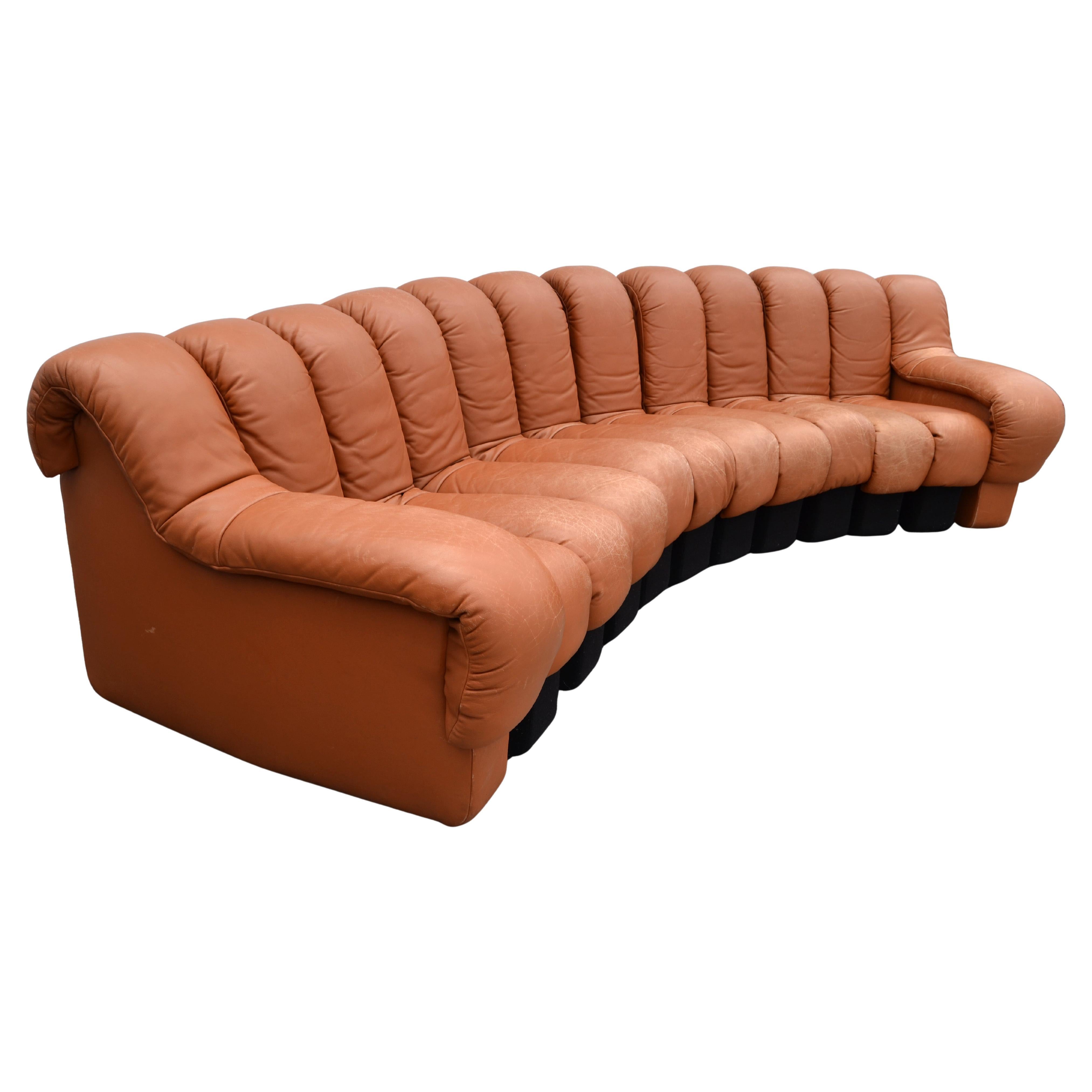 1972 De Sede DS-600 Snake Sectional Sofa Cognac Brown Leather Sofa Switzerland For Sale