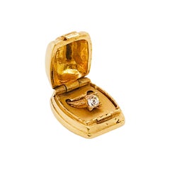 1972 Diamond Solitaire Ring and Ring Box Charm in 14 Karat Gold, Vintage Piece