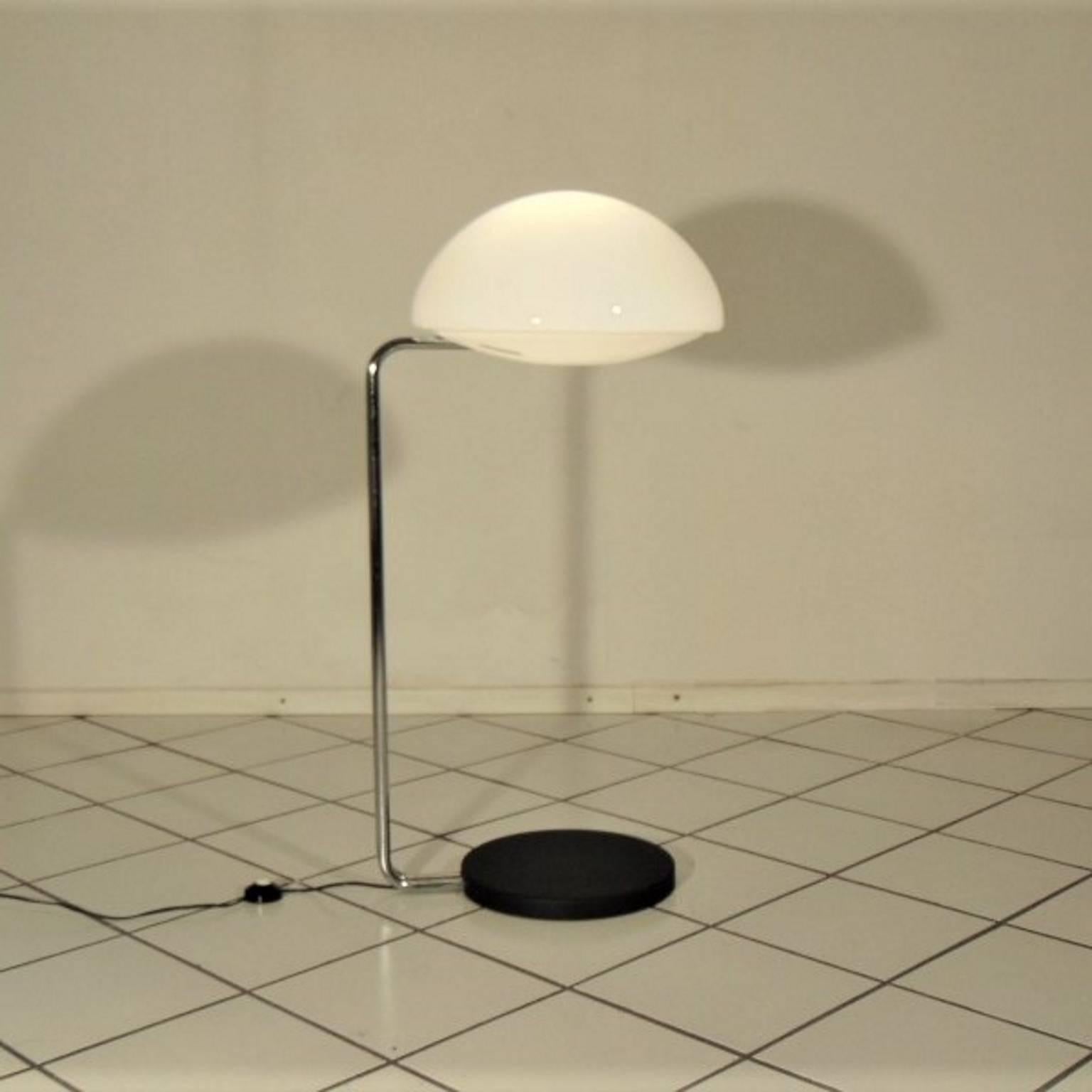 Hand-Crafted 1972 Floor Lamp Opaline White Glass, Steel, Black Base by Sormani Nucleo, Italy For Sale