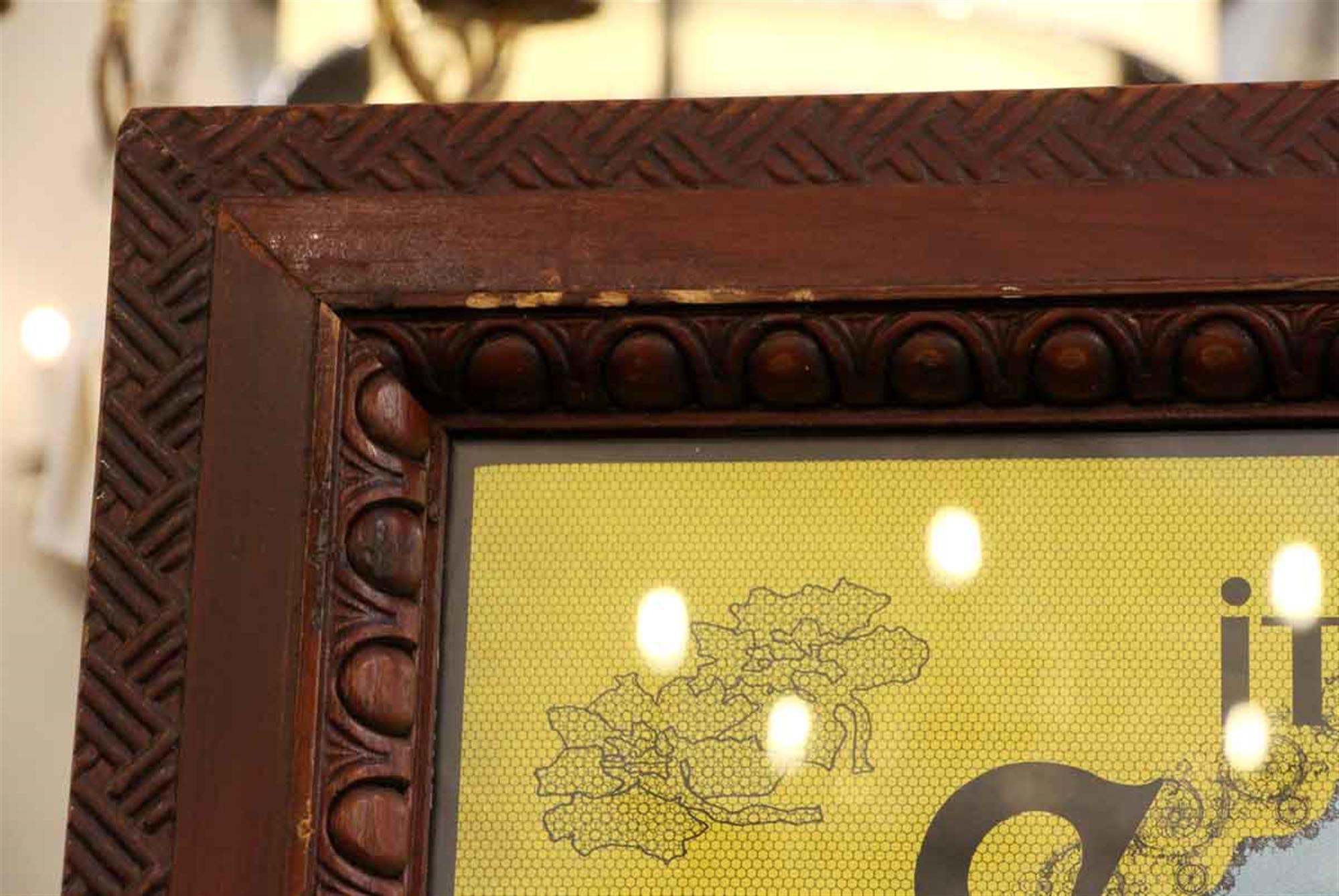 Bright colored animated poster of San Antonio Texas from 1972, framed in a reclaimed decorative antique oak wooden molding frame. This can be seen at our 302 Bowery location in Manhattan.