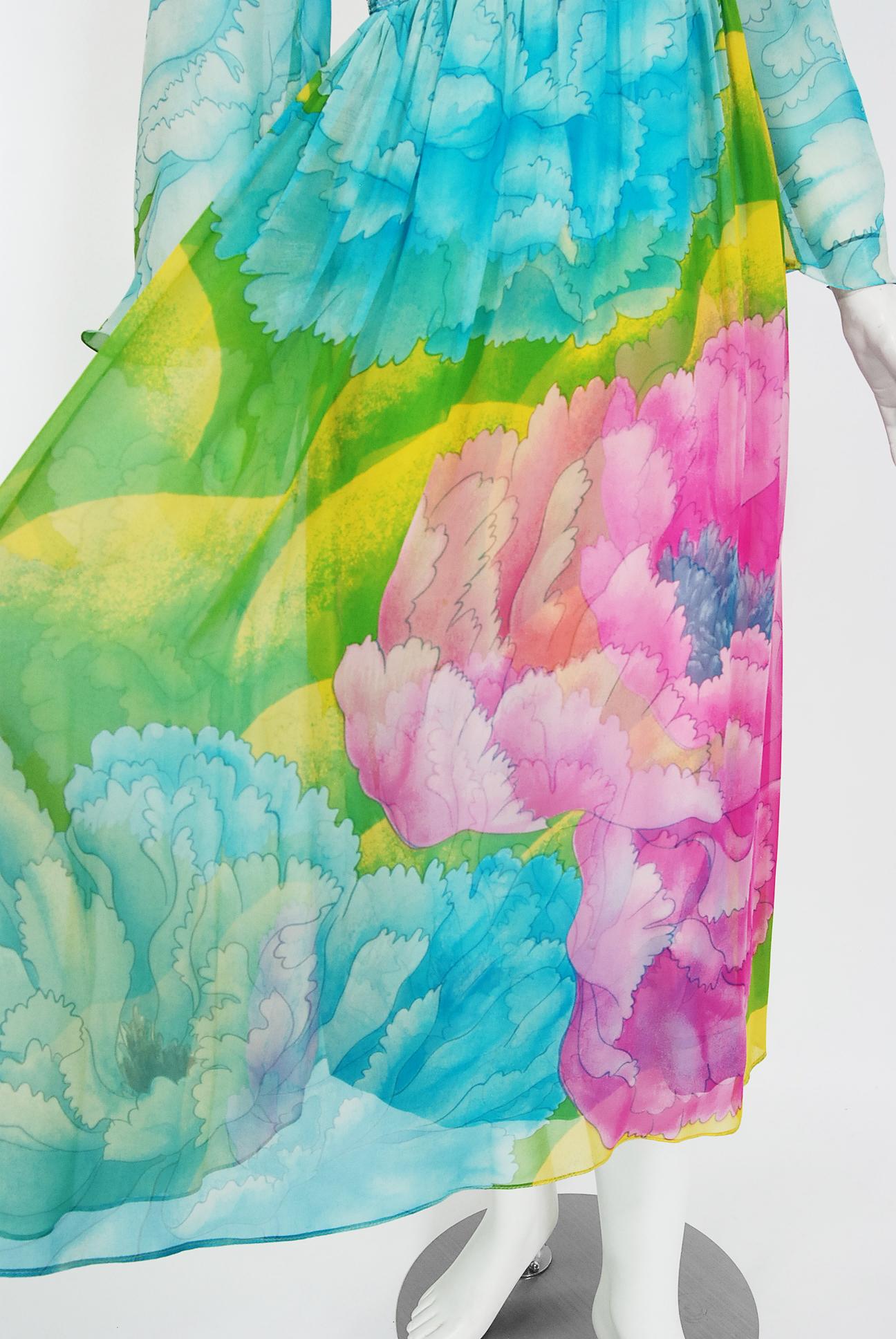 Incredible 1970s Hanae Mori Flower Print Dress w Original Flower Pin & Stunning Sleeves