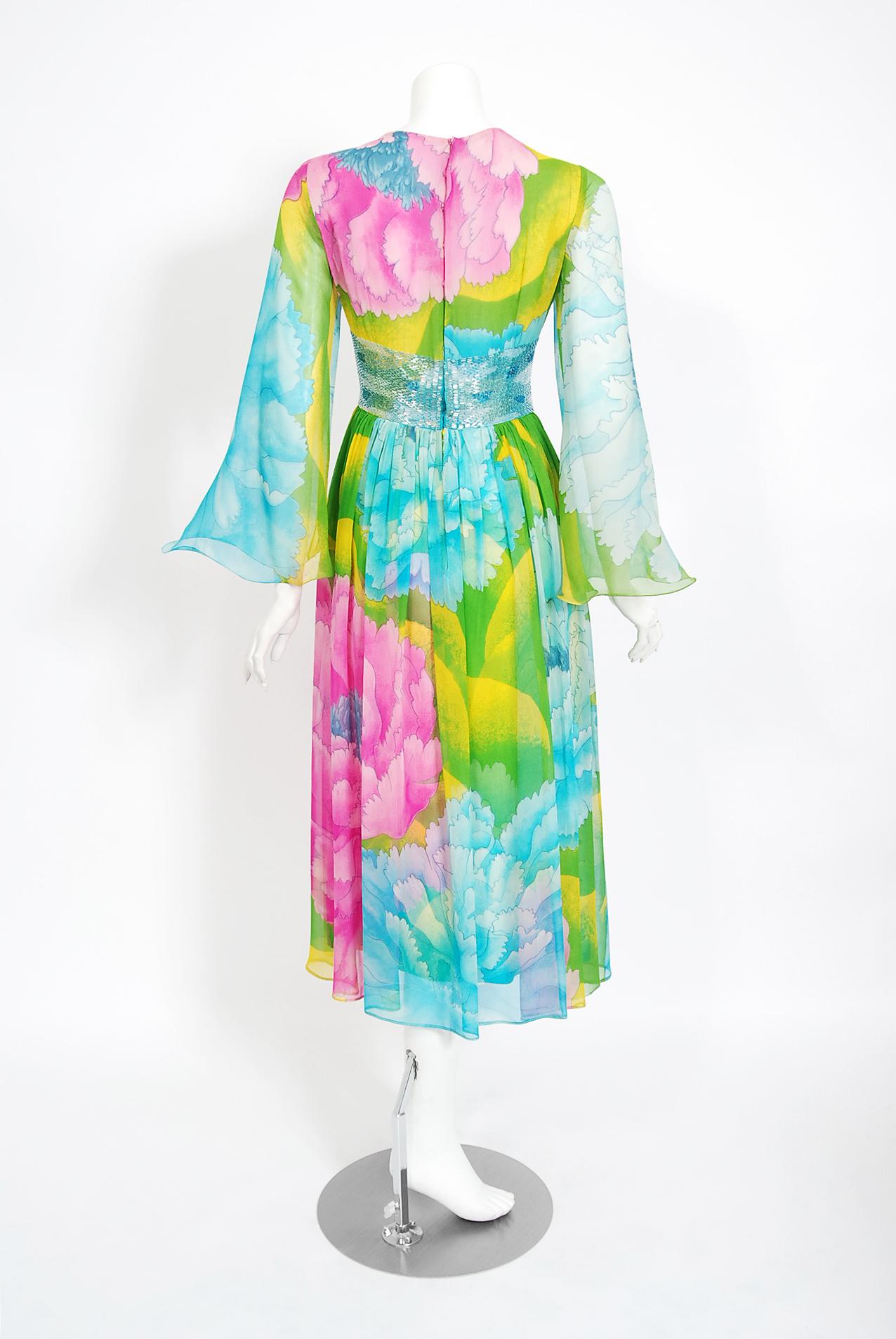 Important Fall 1972 Hanae Mori Couture Ad & Book Piece Silk Chiffon Printed & Ruffled One Sleeve Caftan Dress