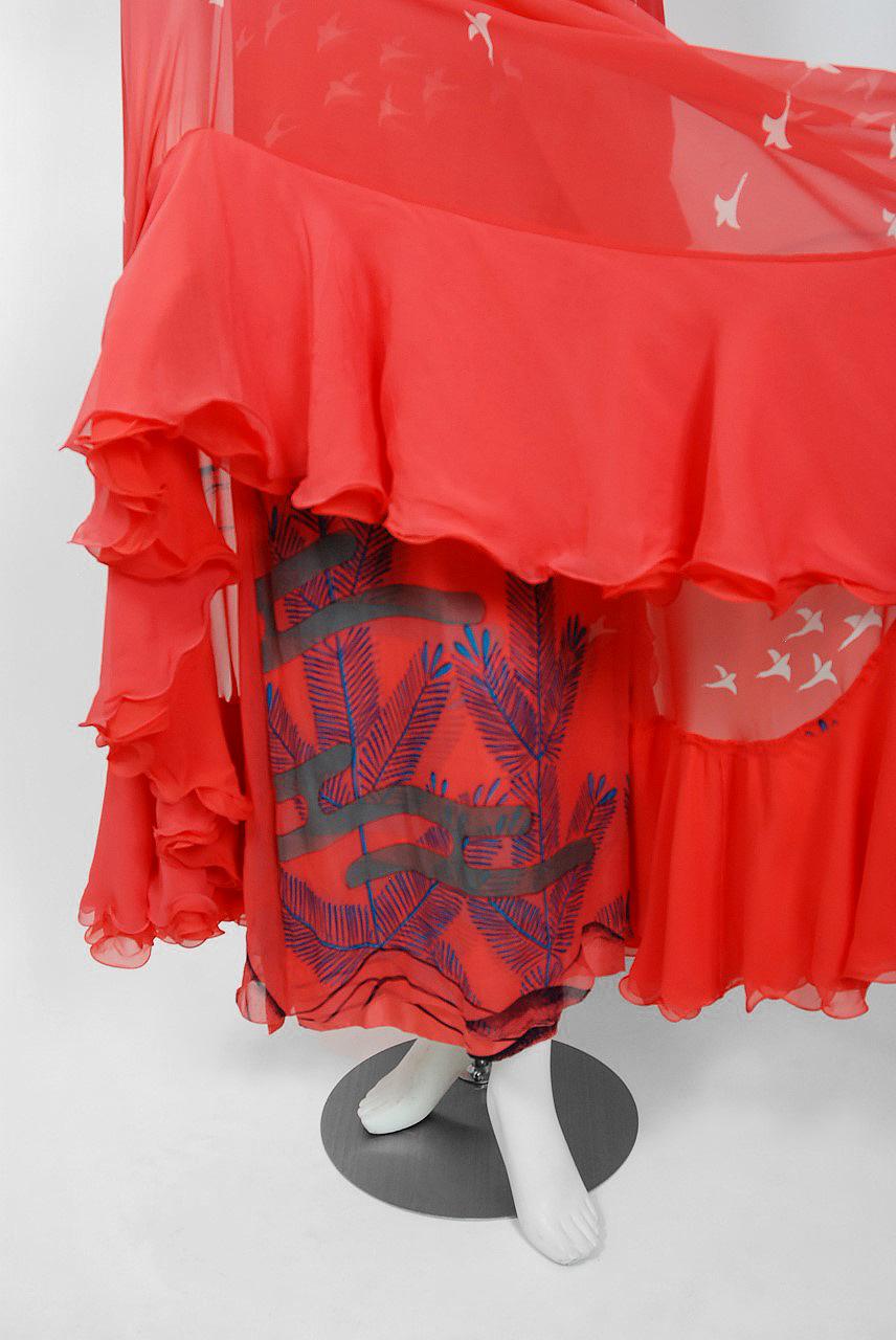 1972 Hanae Mori Couture Documented Scenic Bird Print Silk-Chiffon Caftan Dress In Good Condition In Beverly Hills, CA