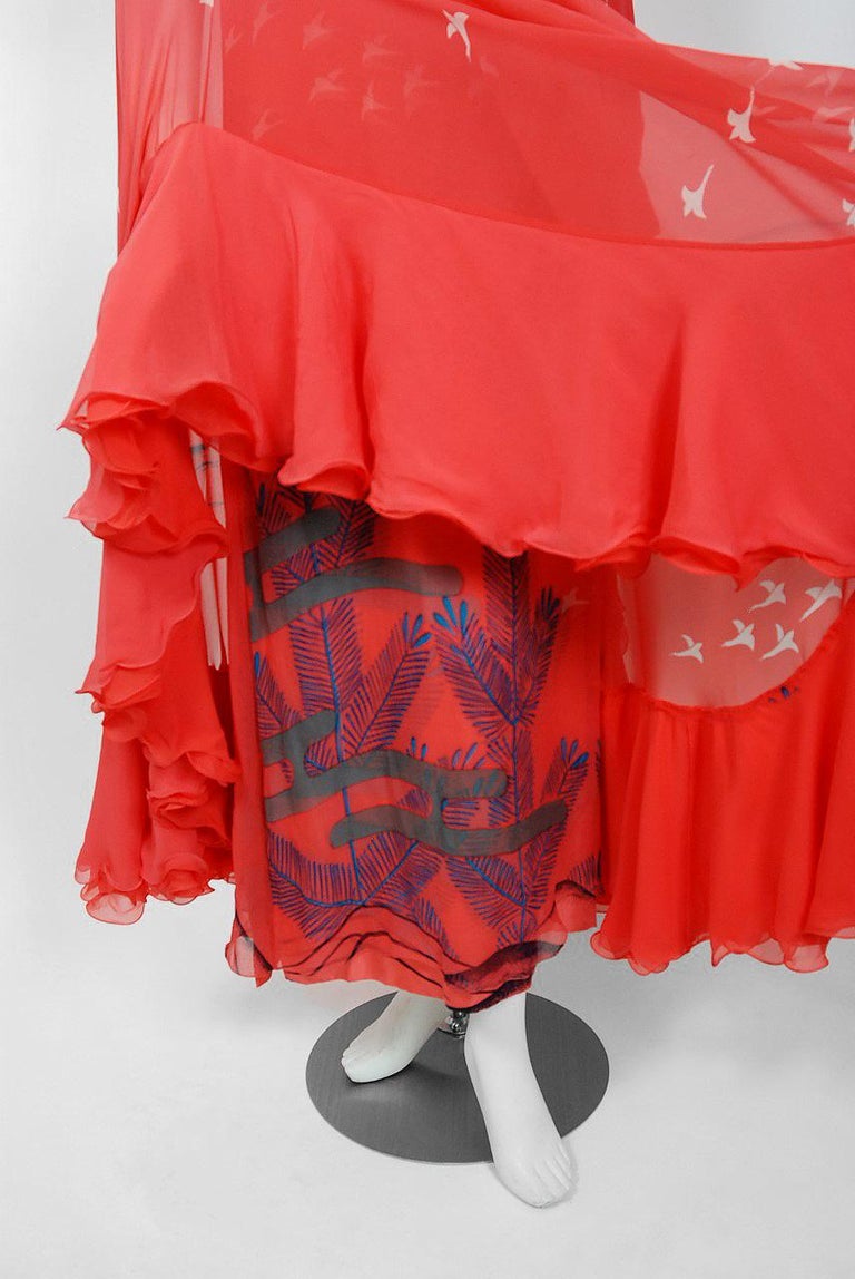 1970s Silk Butterfly Print Hanae Mori Caftan Dress