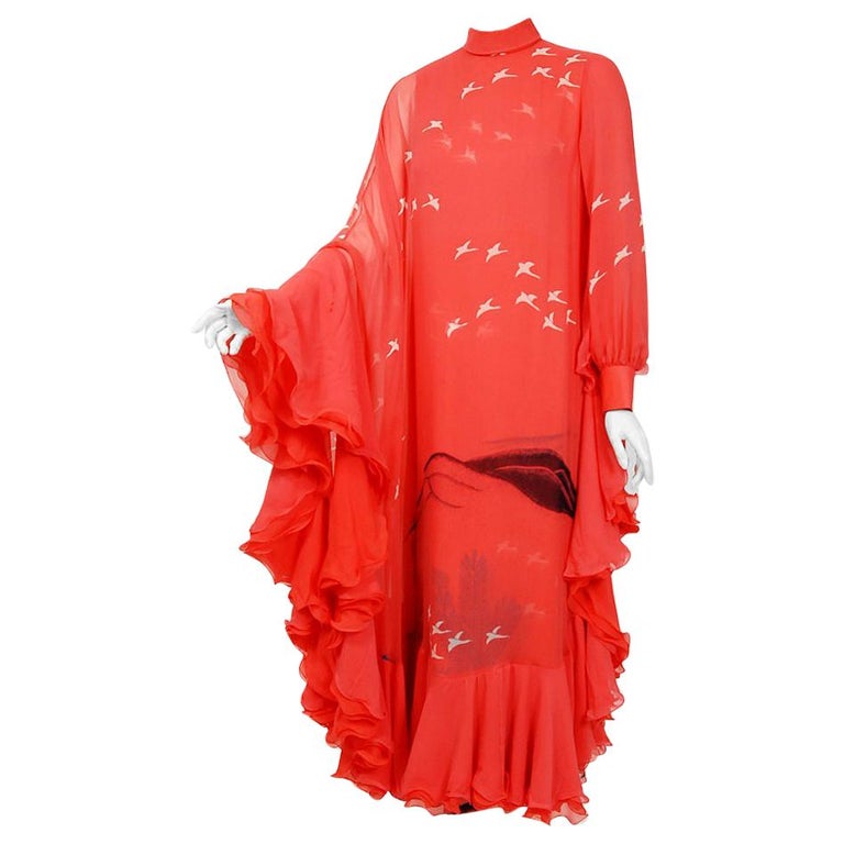 1970s Hanae Mori Silk Chiffon Bird Caftan