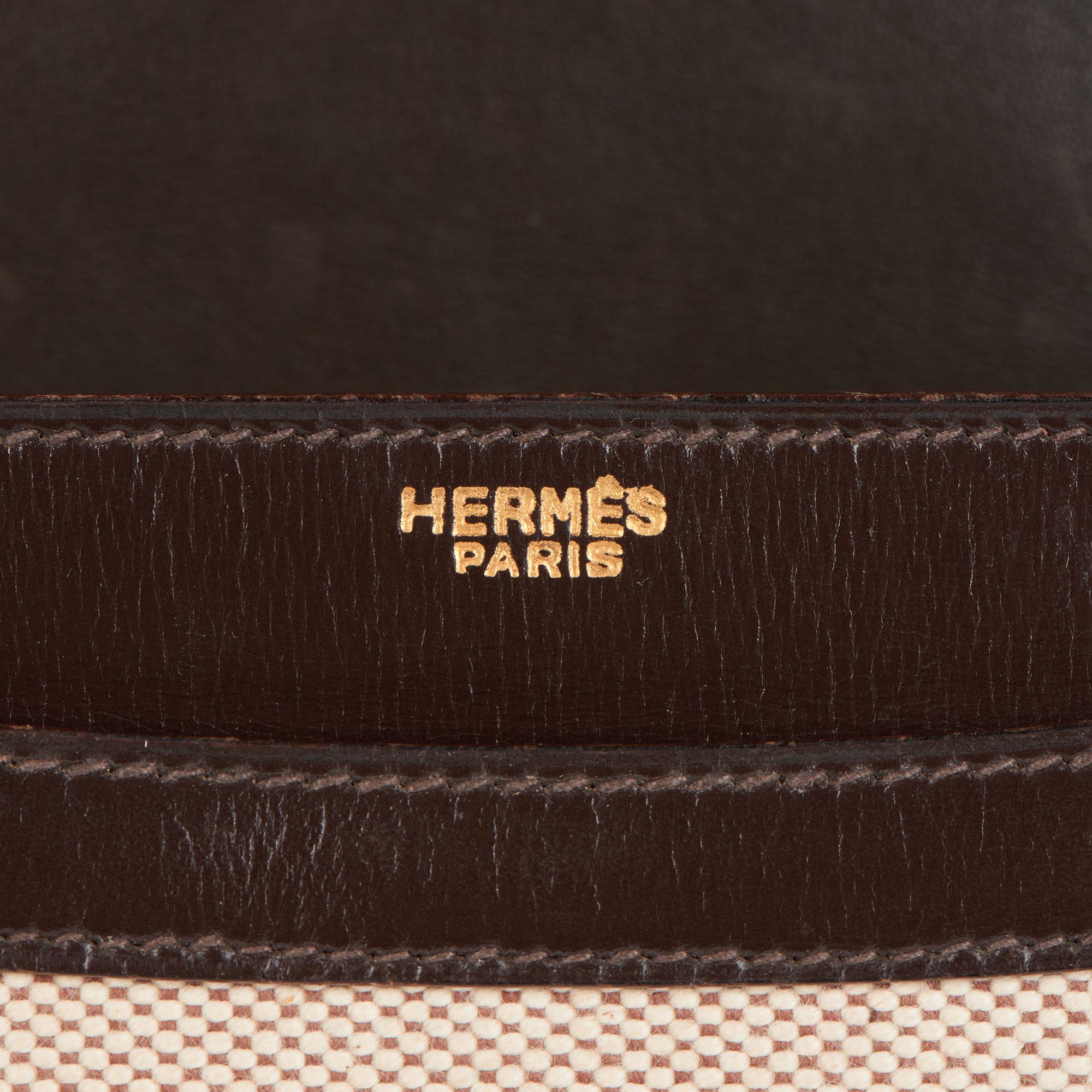 1972 Hermes Brown Box Calf Leather & Beige Canvas Vintage Ring Flap Bag 2