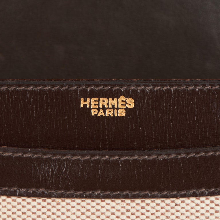 1972 Hermes Brown Box Calf Leather & Beige Canvas Vintage Ring Flap Bag 5