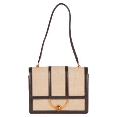 1972 Hermes Brown Box Calf Leather & Beige Canvas Vintage Ring Flap Bag