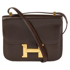 1972 Hermès Chocolate Brown Box Calf Leather Vintage Constance 23